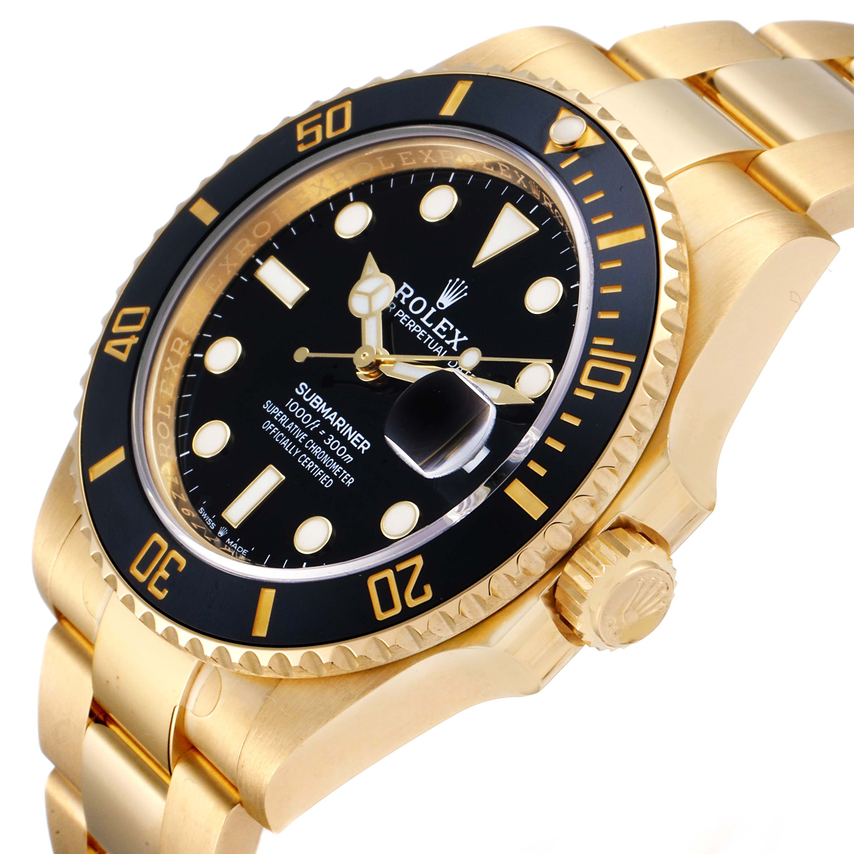 This image shows a side and partial front view of a Rolex Submariner 126618 Men's Yellow Gold Black Dial 126618 Men's Yellow Gold Black Dial watch, highlighting its gold casing, black bezel, and bracelet.