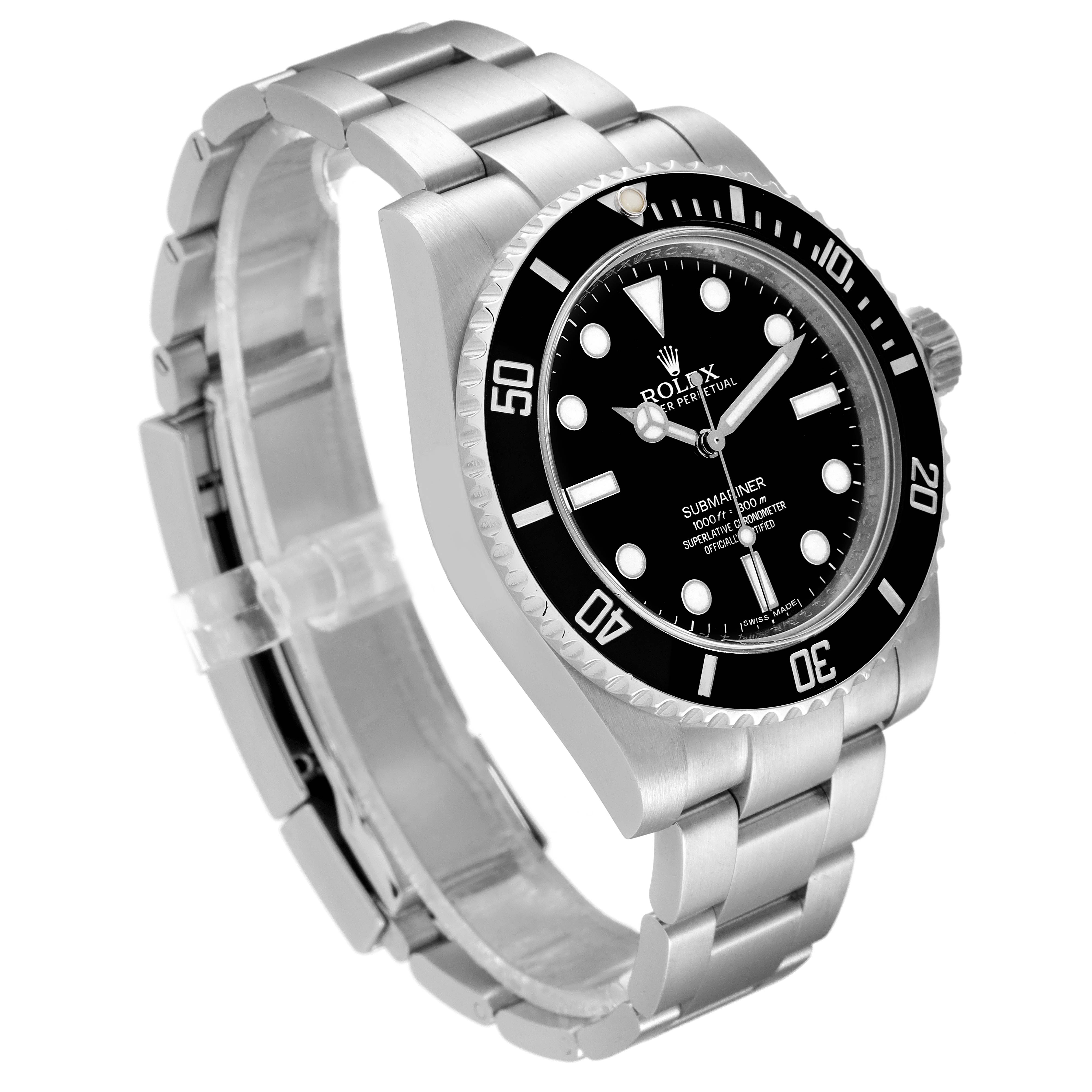 This image shows a side angle of a Rolex Submariner 114060 Men
s Stainless Steel Black Dial 114060 Men
s Stainless Steel Black Dial watch, highlighting its stainless steel bracelet and black dial.