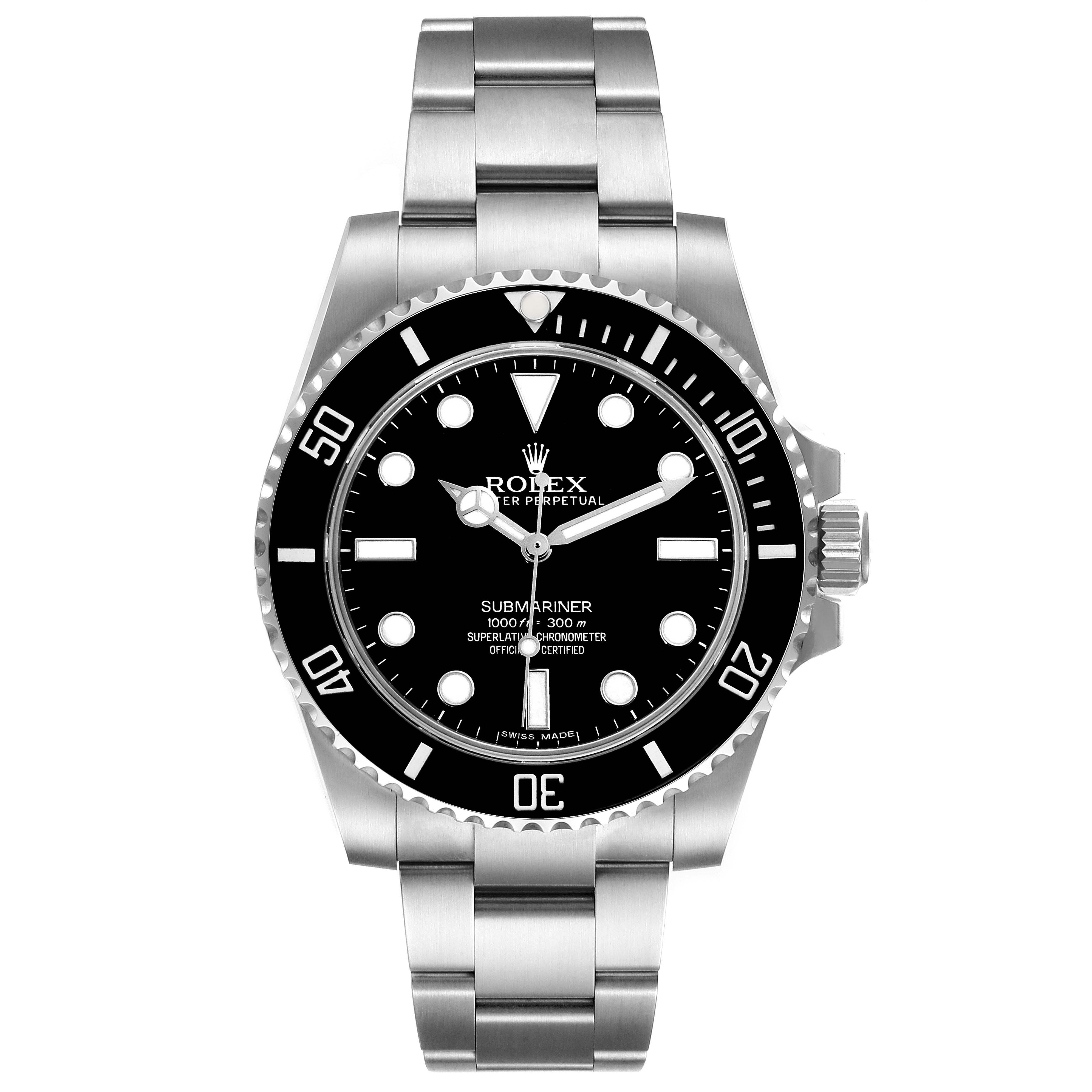 This image shows a front view of the Rolex Submariner 114060 Men
s Stainless Steel Black Dial 114060 Men
s Stainless Steel Black Dial watch, highlighting its black dial and stainless steel bracelet.