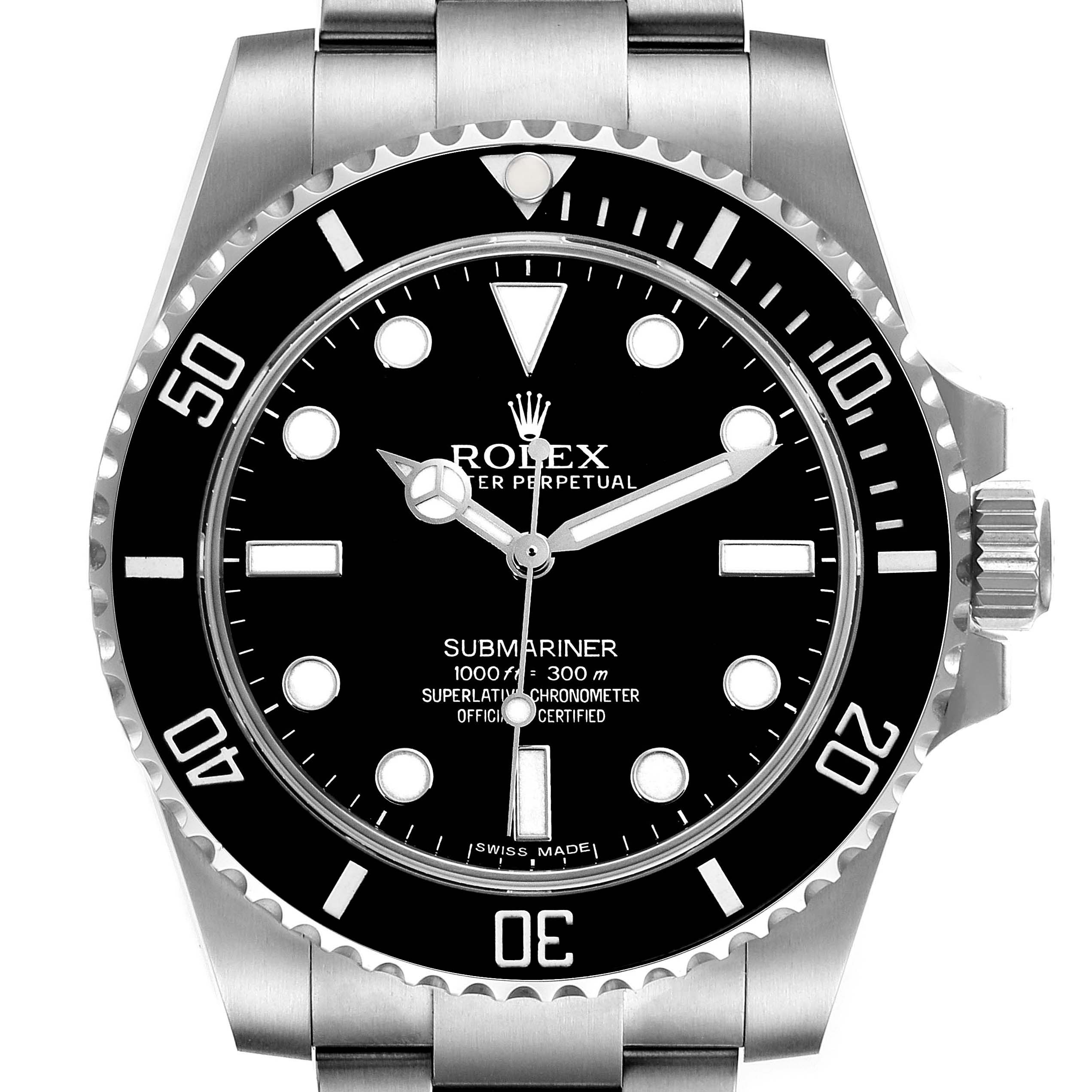 The image shows a front view of the Rolex Submariner 114060 Men
s Stainless Steel Black Dial 114060 Men
s Stainless Steel Black Dial watch, displaying its dial, bezel, crown, and part of the bracelet.