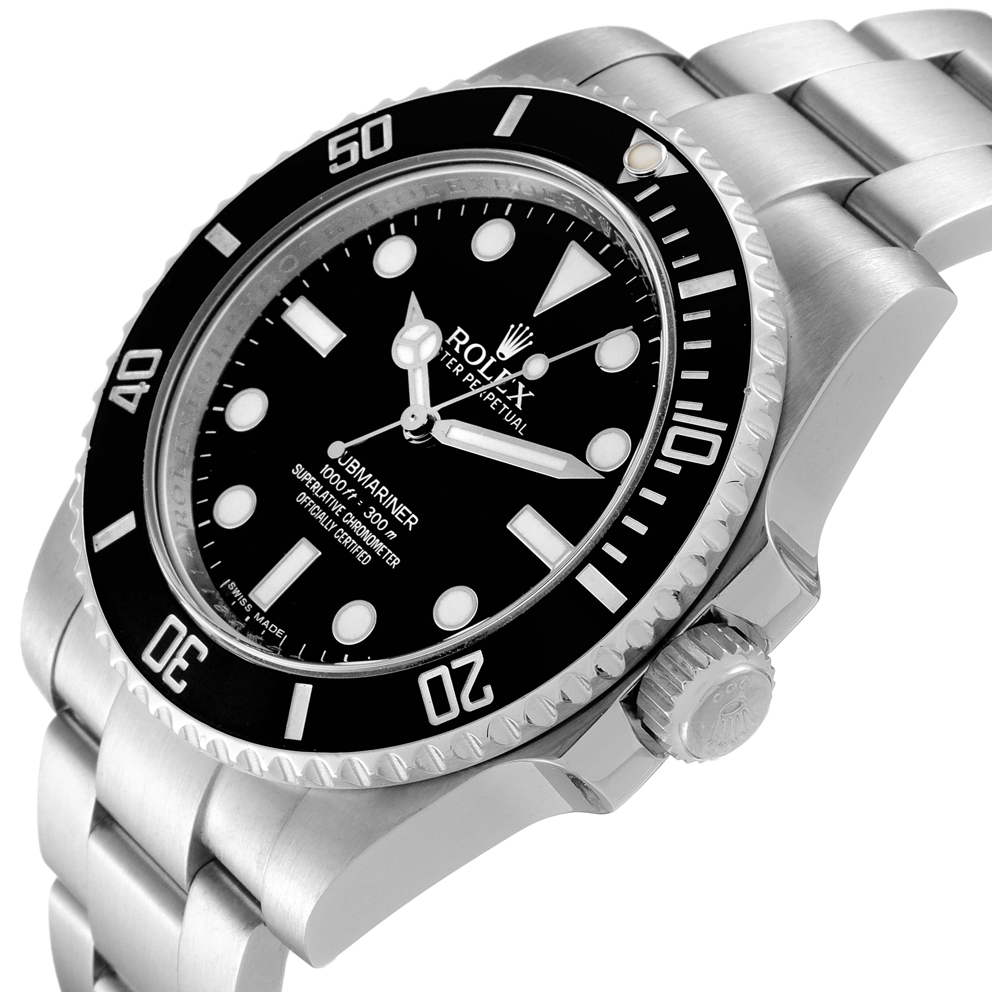 The image shows a close-up, angled view of a Rolex Submariner 114060 Men
s Stainless Steel Black Dial 114060 Men
s Stainless Steel Black Dial watch, highlighting its bezel, dial, crown, and bracelet.