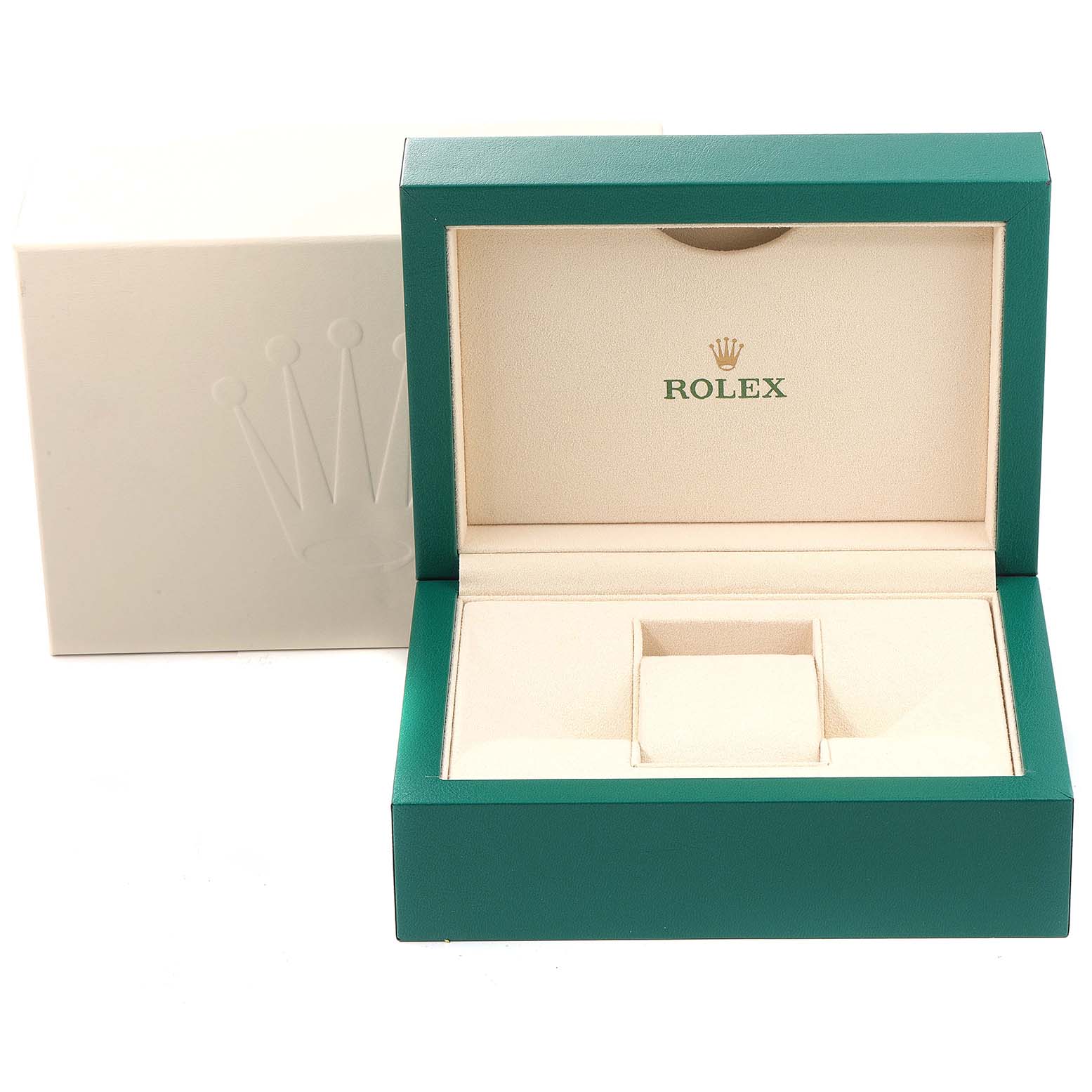 This image shows the open box of a Rolex Submariner 114060 Men
s Stainless Steel Black Dial 114060 Men
s Stainless Steel Black Dial watch, revealing its plush interior and the Rolex logo.