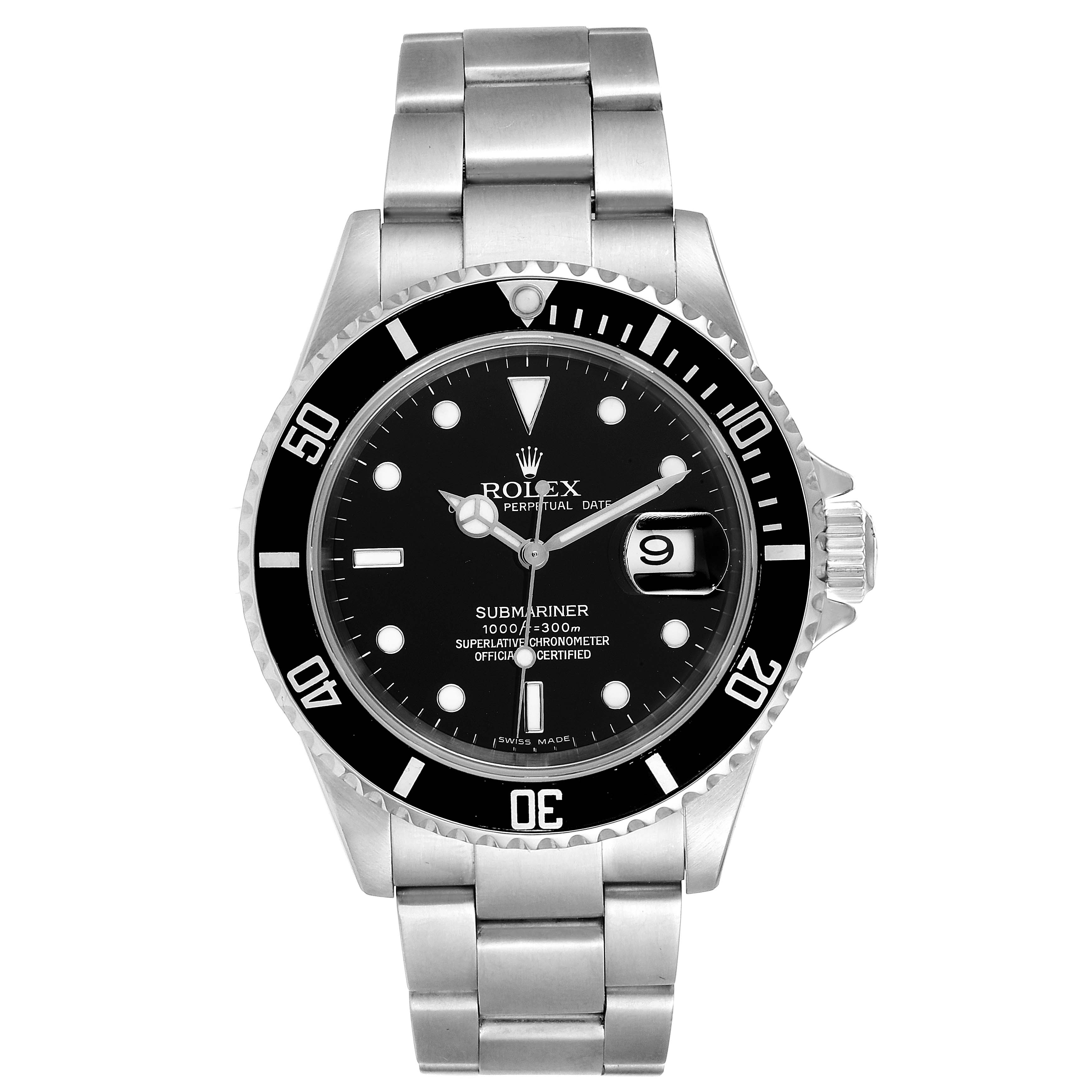 The image shows a Rolex Submariner 16610 Men's Stainless Steel Black Dial 16610 Men's Stainless Steel Black Dial watch from a front angle, displaying the face, bezel, and stainless steel bracelet.