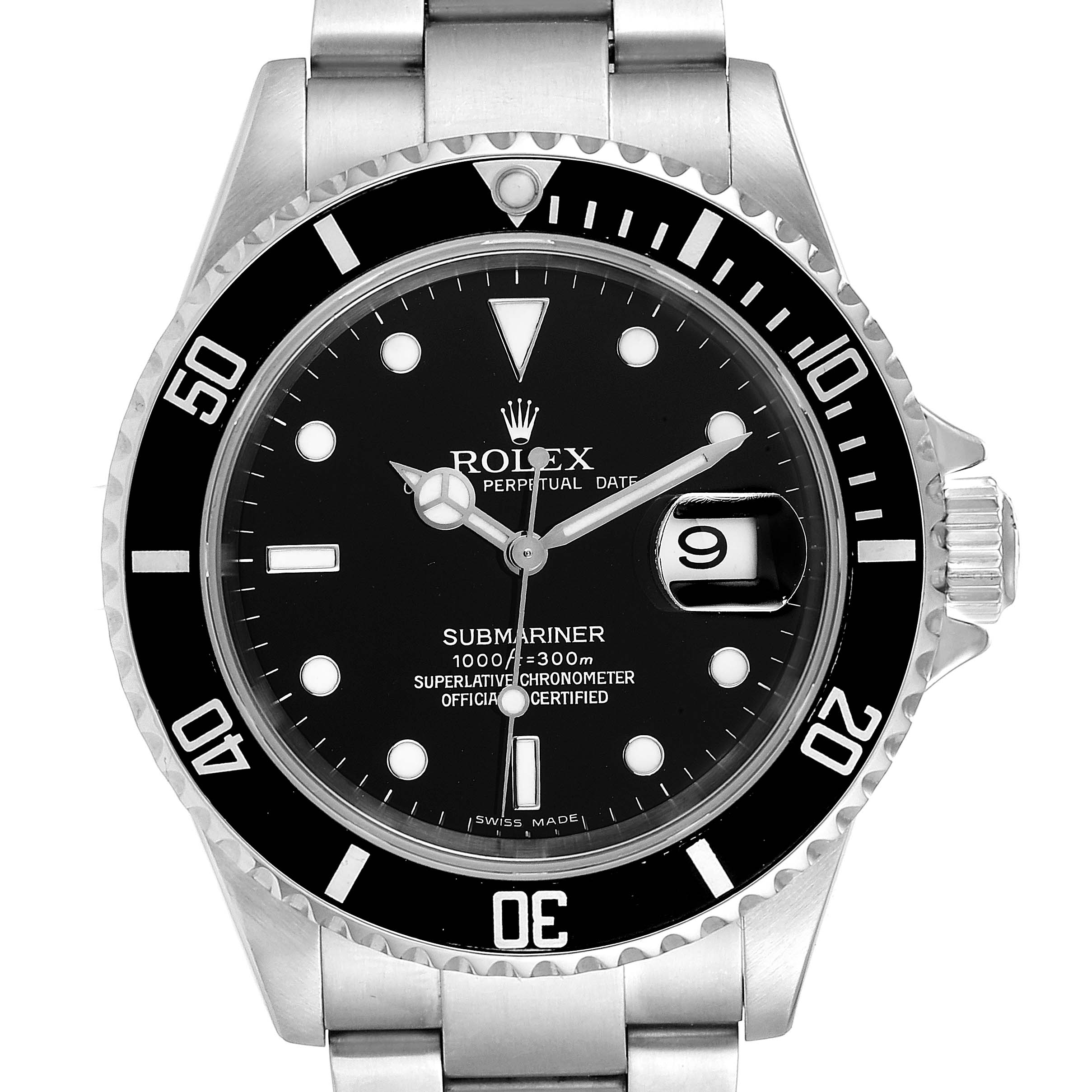 This image shows a front view of a Rolex Submariner 16610 Men's Stainless Steel Black Dial 16610 Men's Stainless Steel Black Dial watch, highlighting its dial, bezel, and stainless steel bracelet.