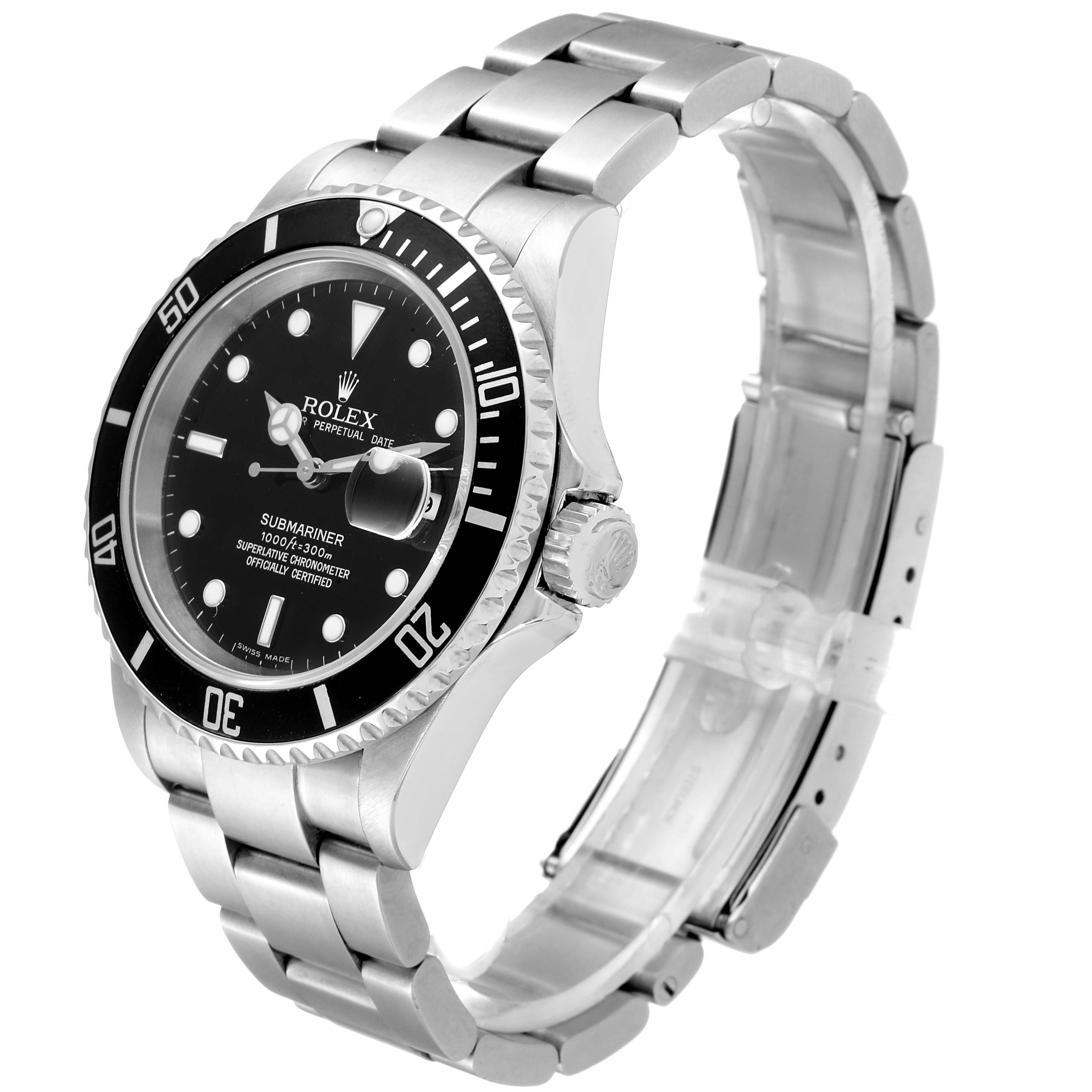 The Rolex Submariner 16610 Men's Stainless Steel Black Dial 16610 Men's Stainless Steel Black Dial watch is shown from an angled side view, displaying its dial, bezel, and bracelet.