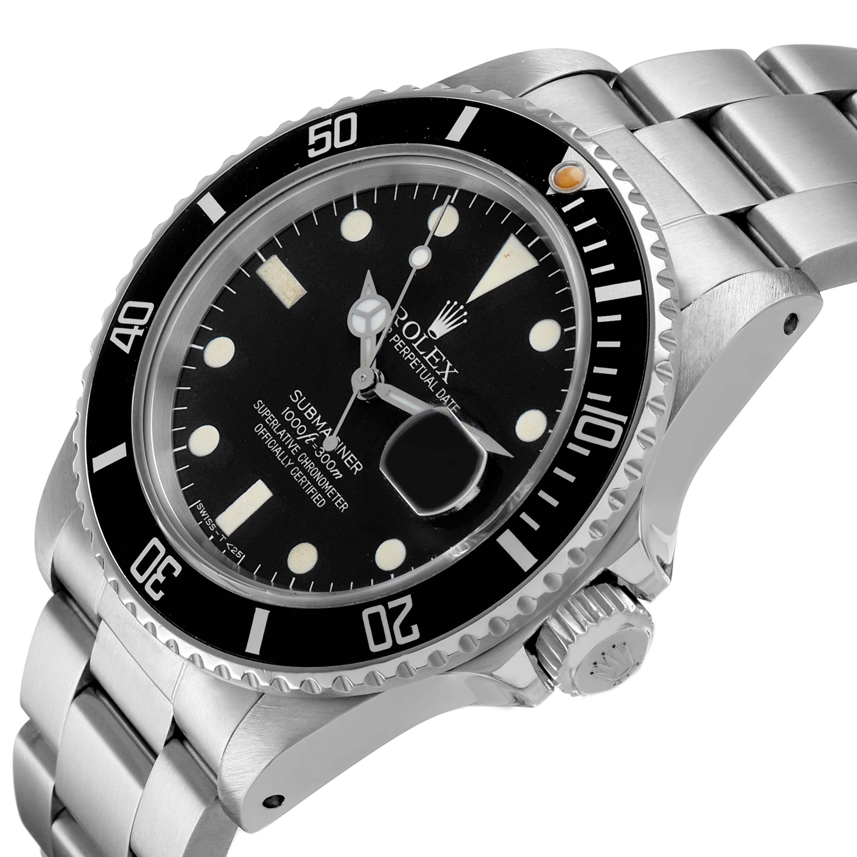 The Rolex Submariner 168000 Men's Stainless Steel Black Dial is shown at an angled side view highlighting the bracelet, bezel, crown, and dial with text details.