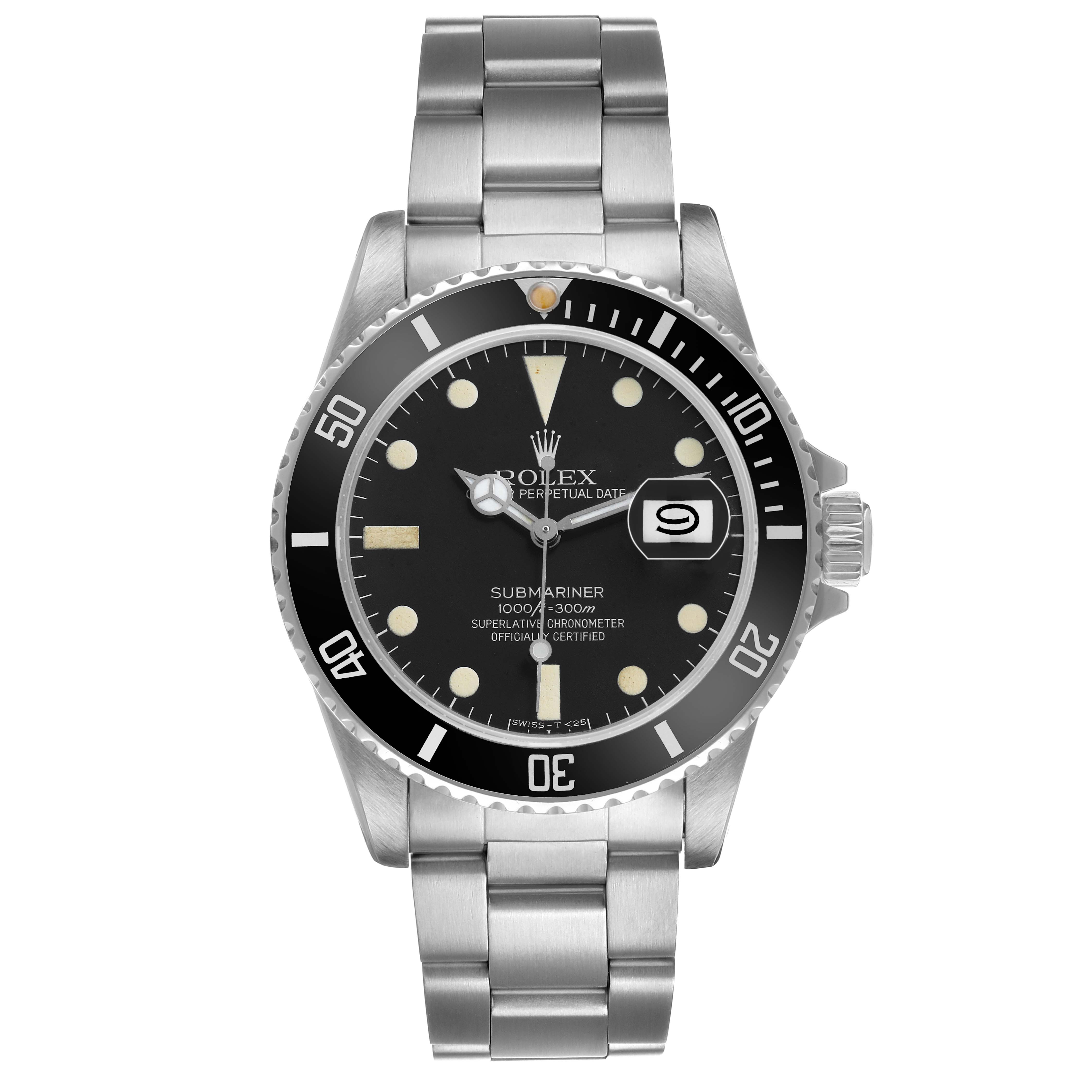 The Rolex Submariner 168000 Men's Stainless Steel Black Dial watch is shown from a front angle, highlighting the dial, bezel, and bracelet.