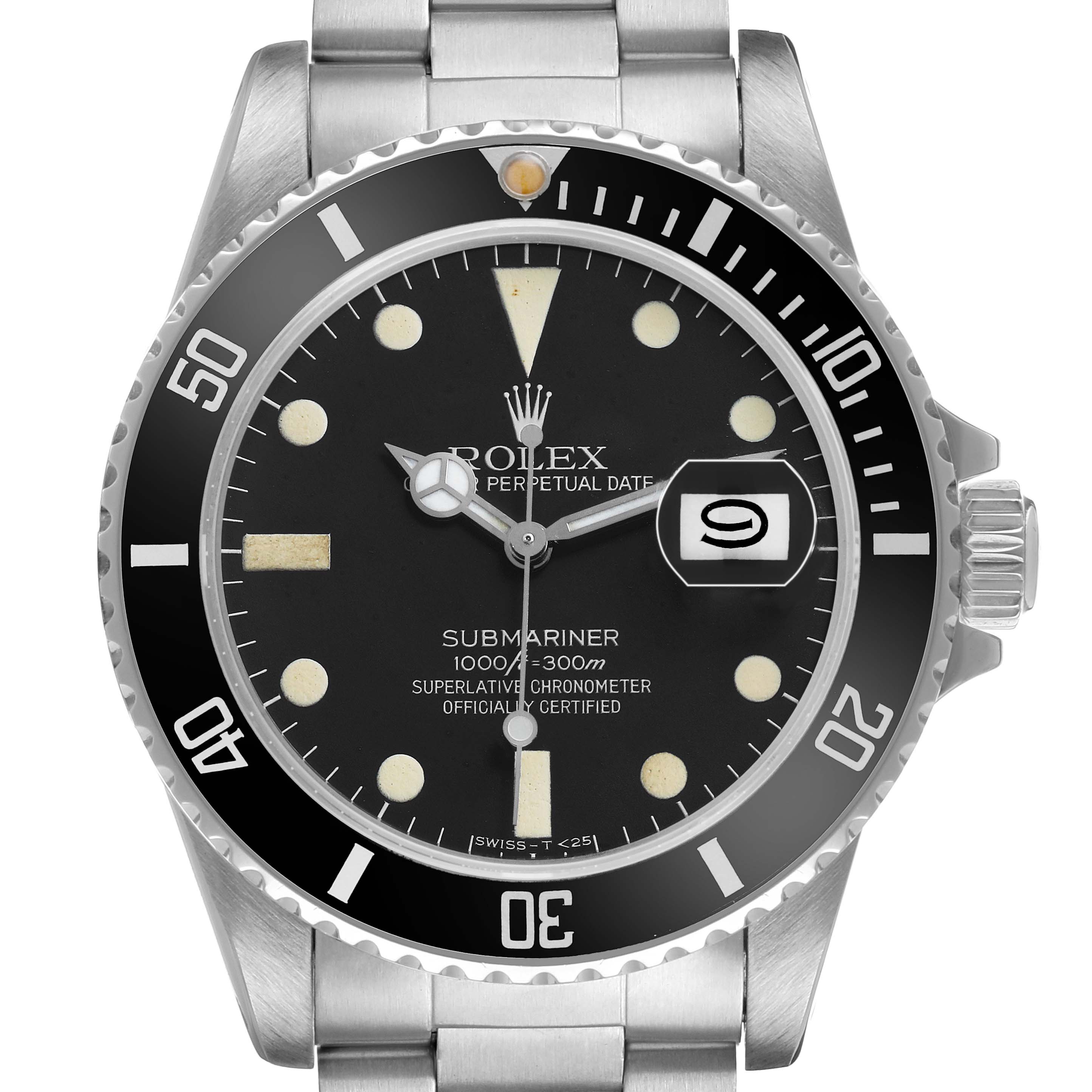 The Rolex Submariner 168000 Men's Stainless Steel Black Dial watch is shown from a front angle, highlighting its dial, bezel, and bracelet.
