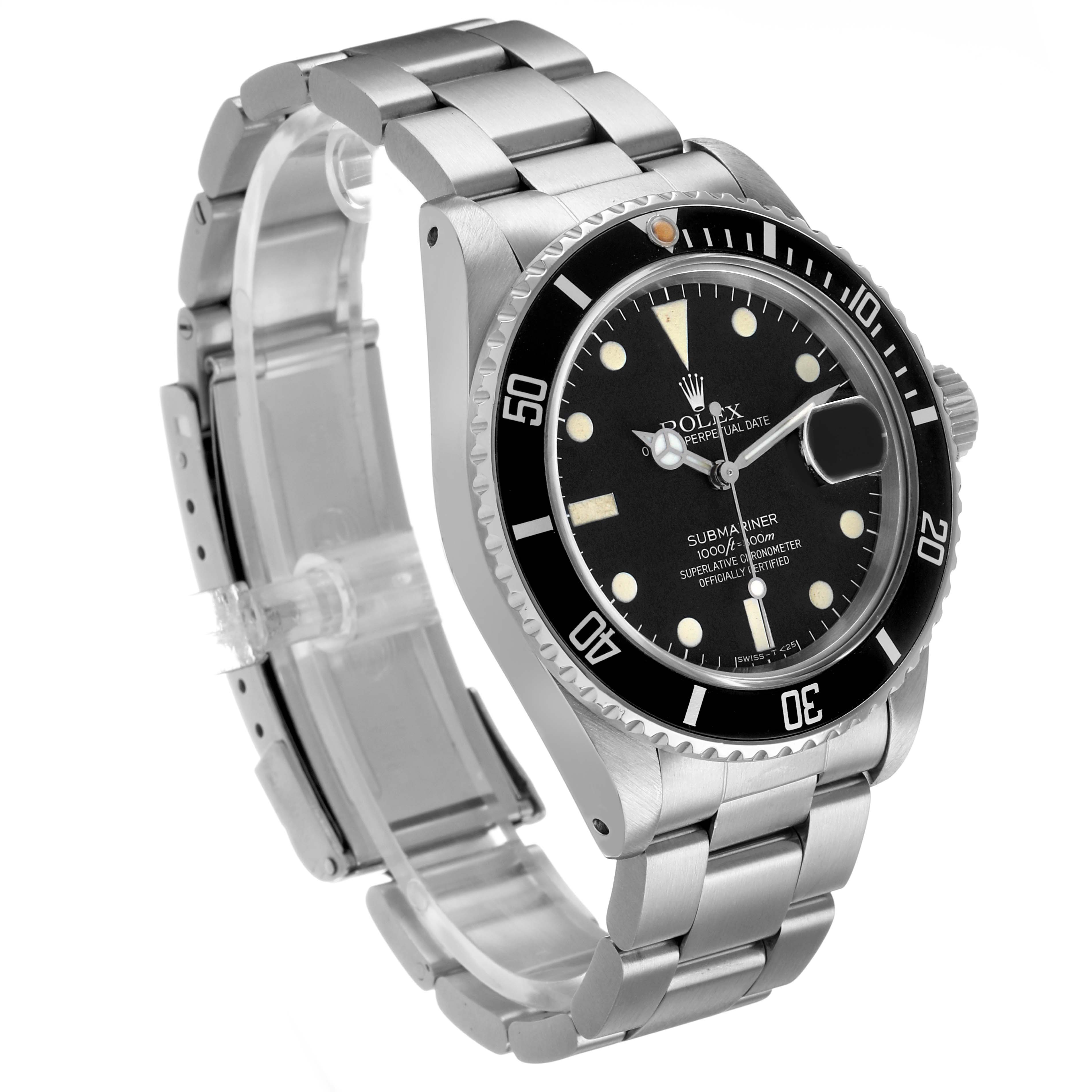 The Rolex Submariner 168000 Men's Stainless Steel Black Dial watch is shown at a three-quarter angle, highlighting the face, bezel, and bracelet.