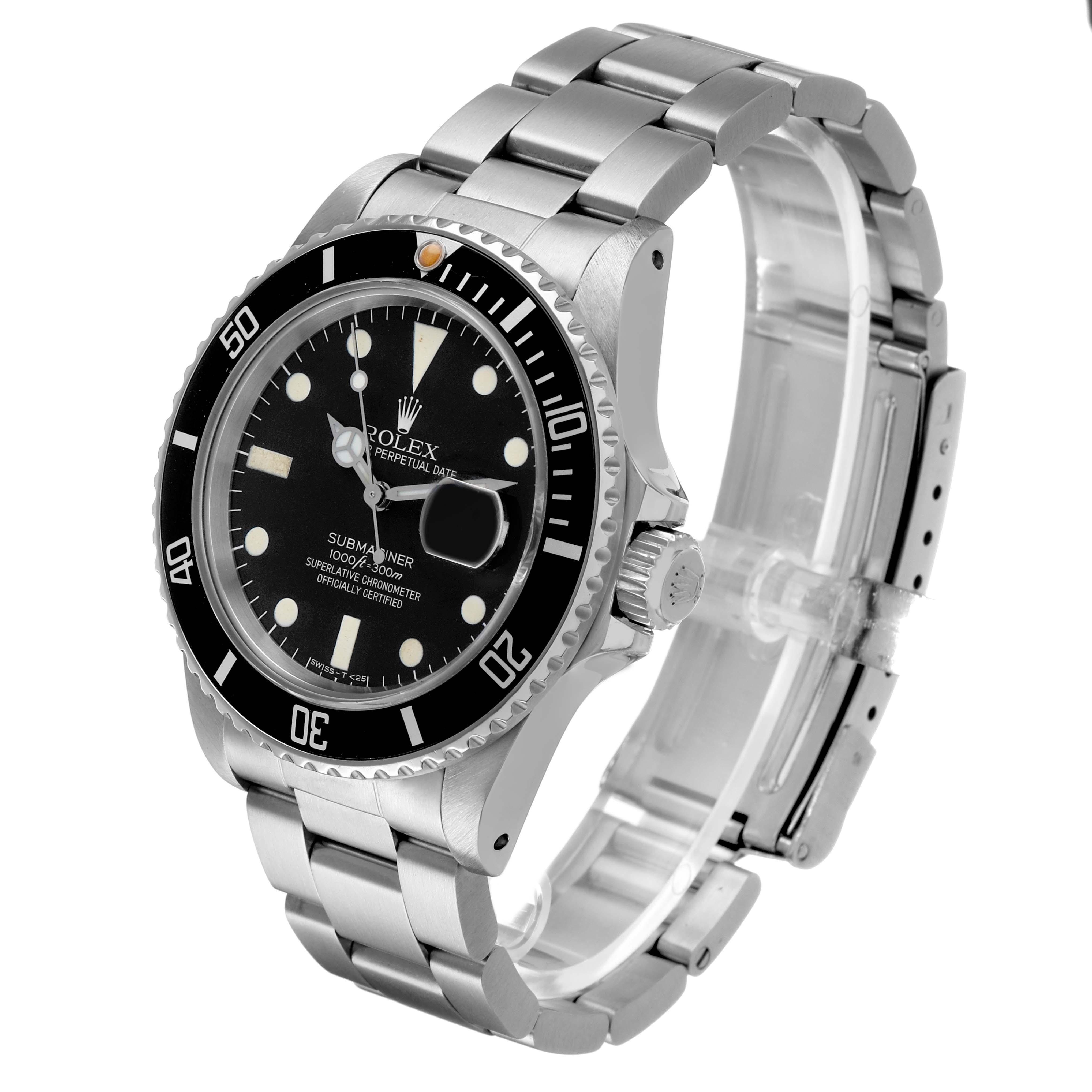The Rolex Submariner 168000 Men's Stainless Steel Black Dial watch is shown at a three-quarter angle, displaying the face, bezel, crown, and bracelet.