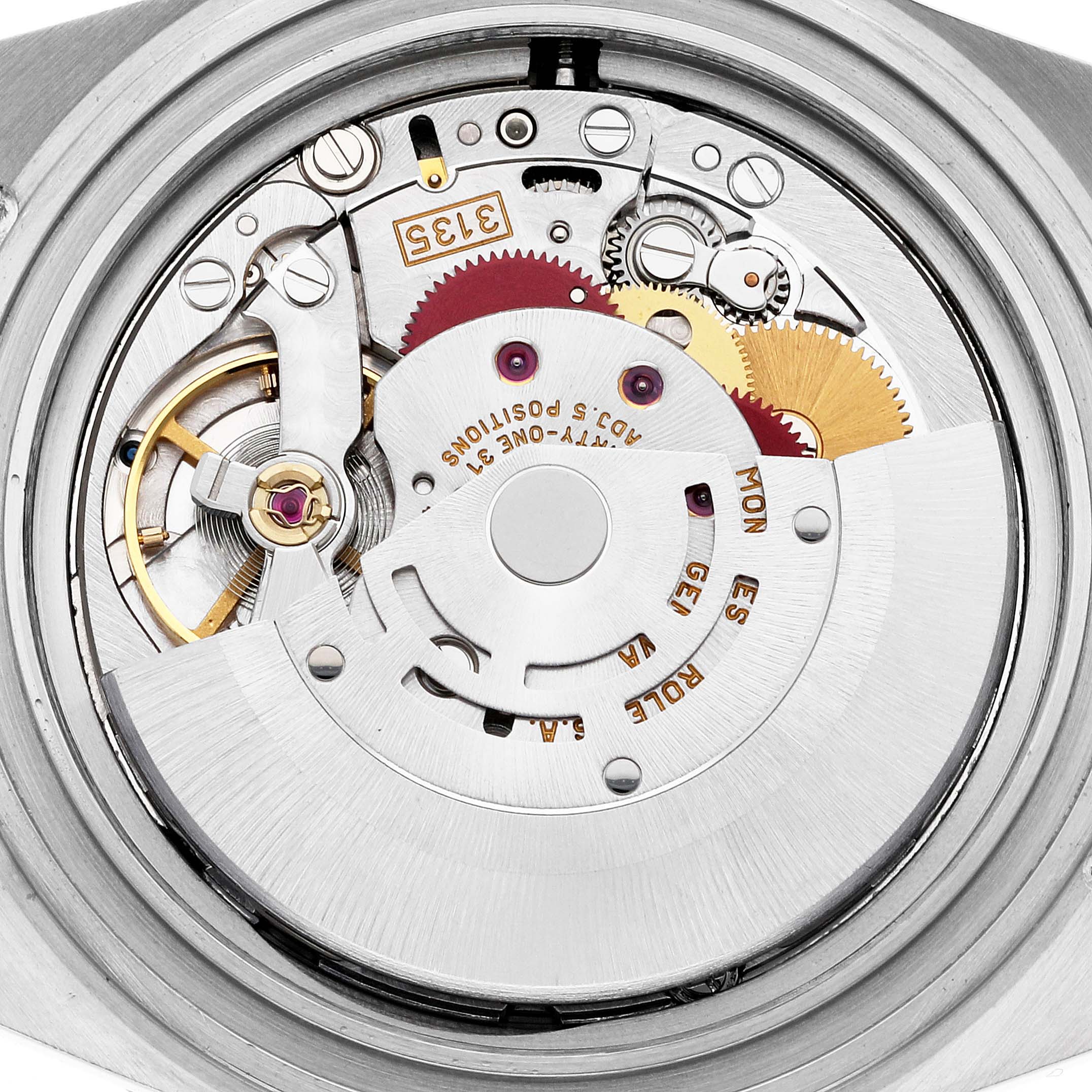 The image shows a close-up view of the internal movement mechanism of a Rolex Submariner 16613 Men
s Steel and Gold (two tone) Blue Dial 16613 Men
s Steel and Gold (two tone) Blue Dial watch.