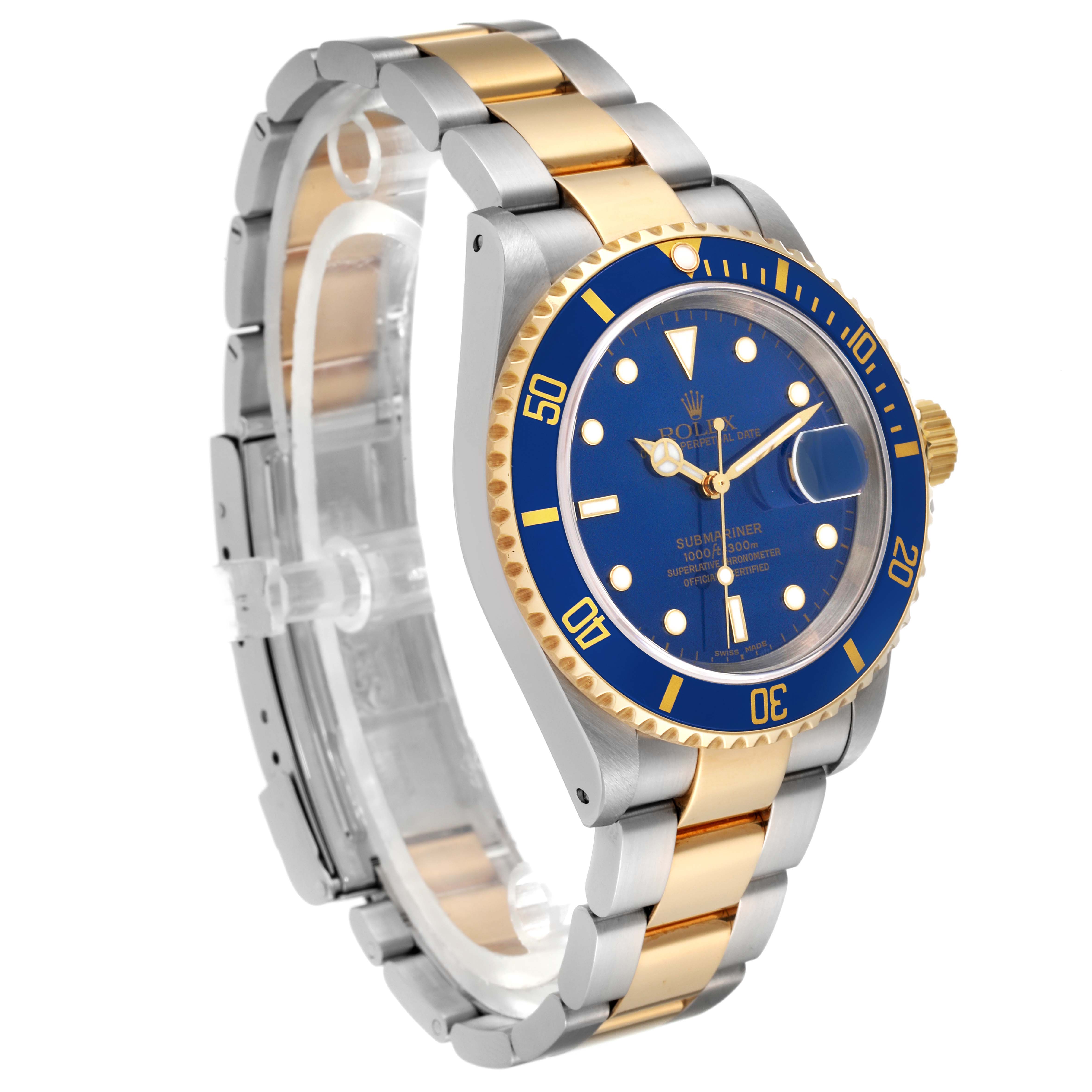 The Rolex Submariner 16613 Men
s Steel and Gold (two tone) Blue Dial 16613 Men
s Steel and Gold (two tone) Blue Dial watch is shown at a slight angle, highlighting the face, bezel, and part of the bracelet with metal links.