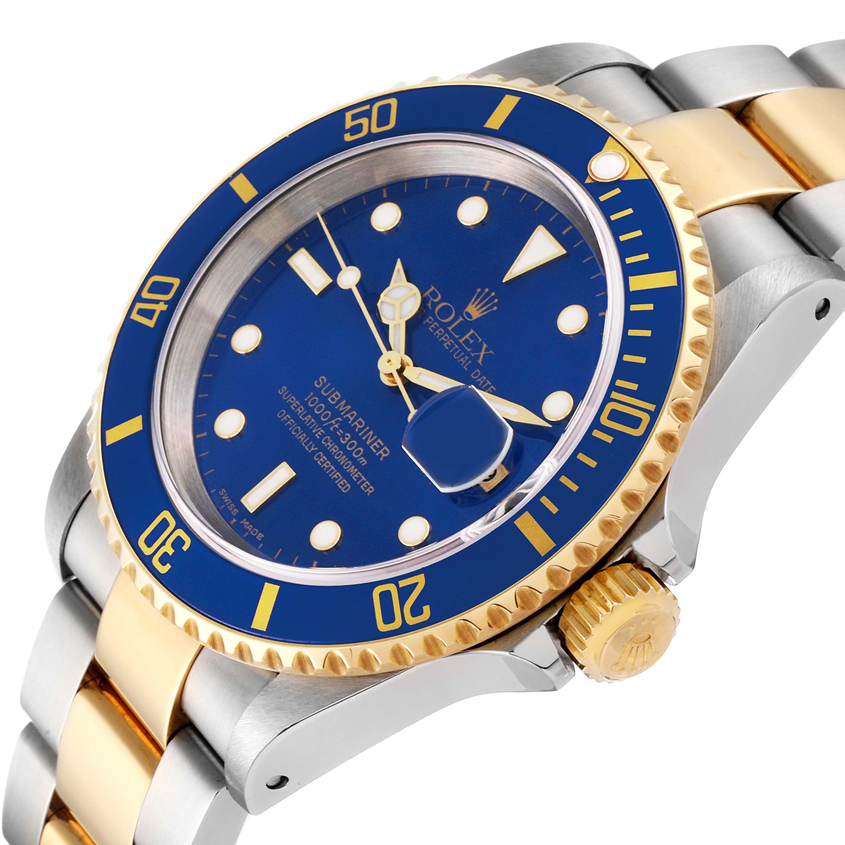 This is a close-up angle showing the face, bezel, crown, and part of the bracelet of the Rolex Submariner 16613 Men
s Steel and Gold (two tone) Blue Dial 16613 Men
s Steel and Gold (two tone) Blue Dial watch.