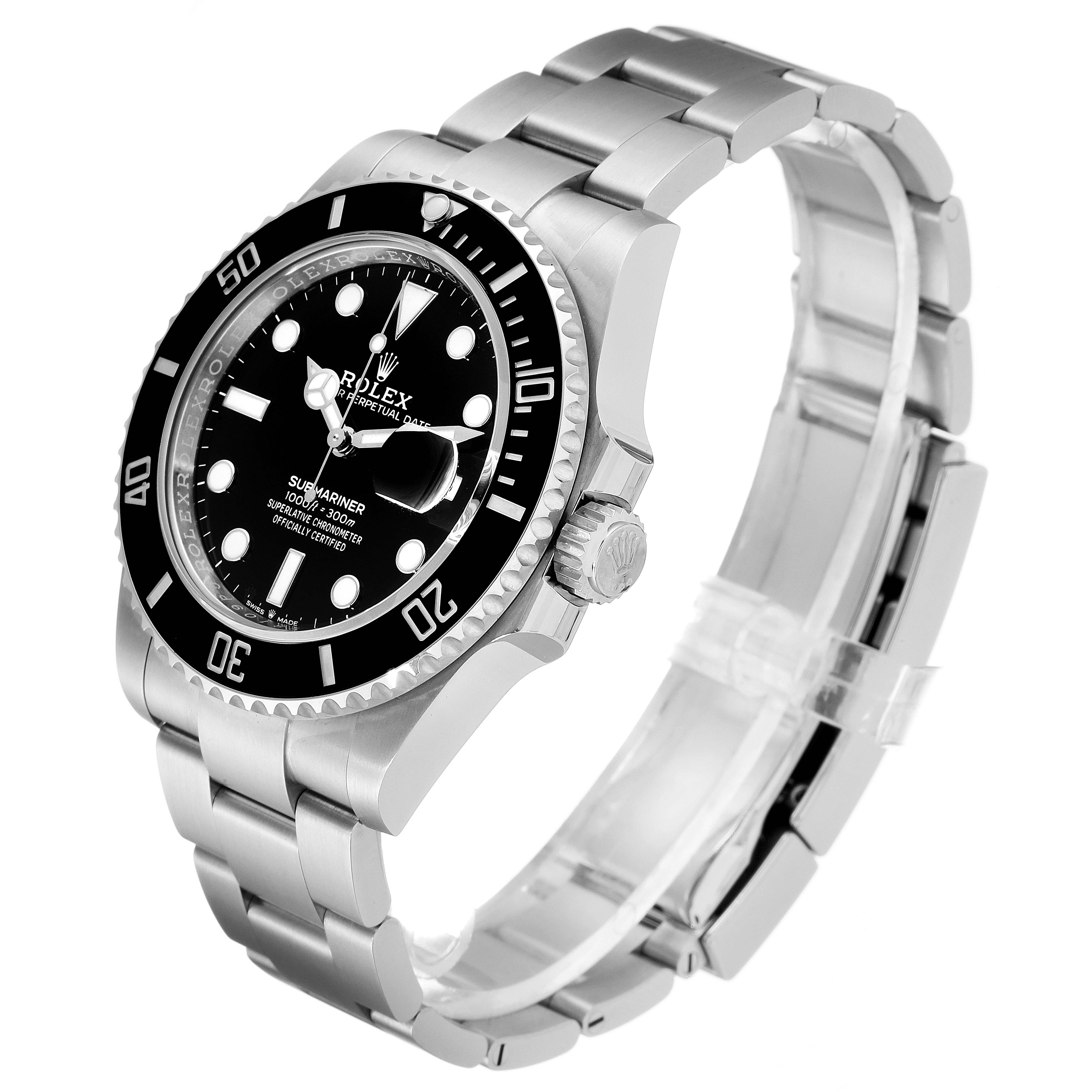 The Rolex Submariner 126610LN Men's Stainless Steel Black Dial 126610LN Men's Stainless Steel Black Dial watch is shown at a 3/4 angle, highlighting its dial, bezel, crown, and bracelet.
