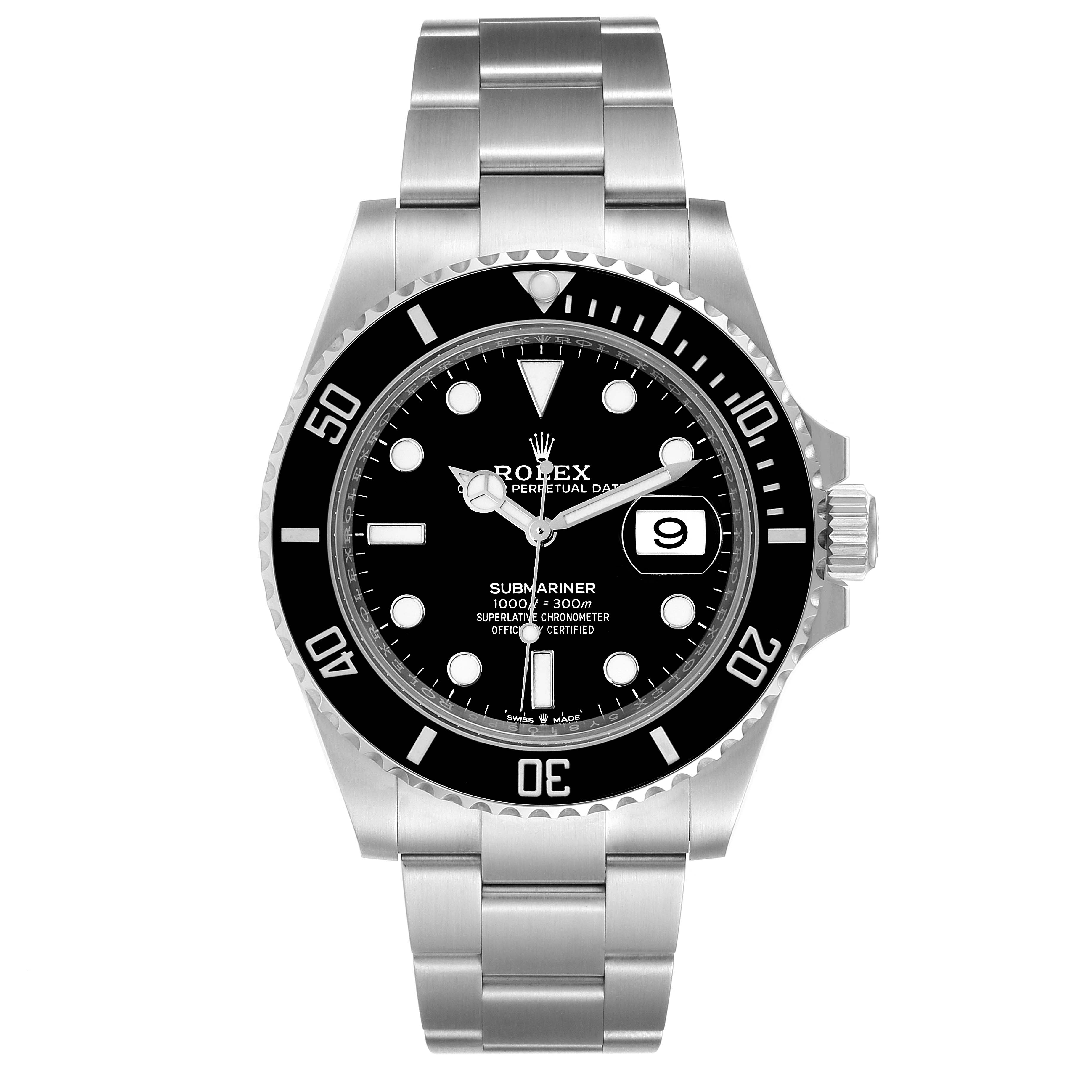 The image shows a front view of the Rolex Submariner 126610LN Men's Stainless Steel Black Dial 126610LN Men's Stainless Steel Black Dial, displaying its dial, bezel, bracelet, and crown.