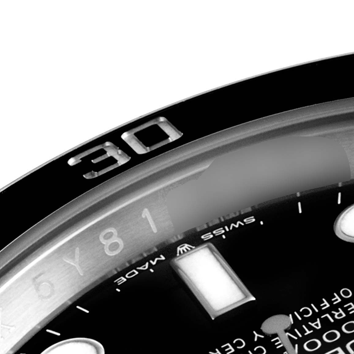 The image shows a close-up of the bezel and part of the dial of a Rolex Submariner 126610LN Men's Stainless Steel Black Dial 126610LN Men's Stainless Steel Black Dial watch, focusing on the "30" bezel marker.
