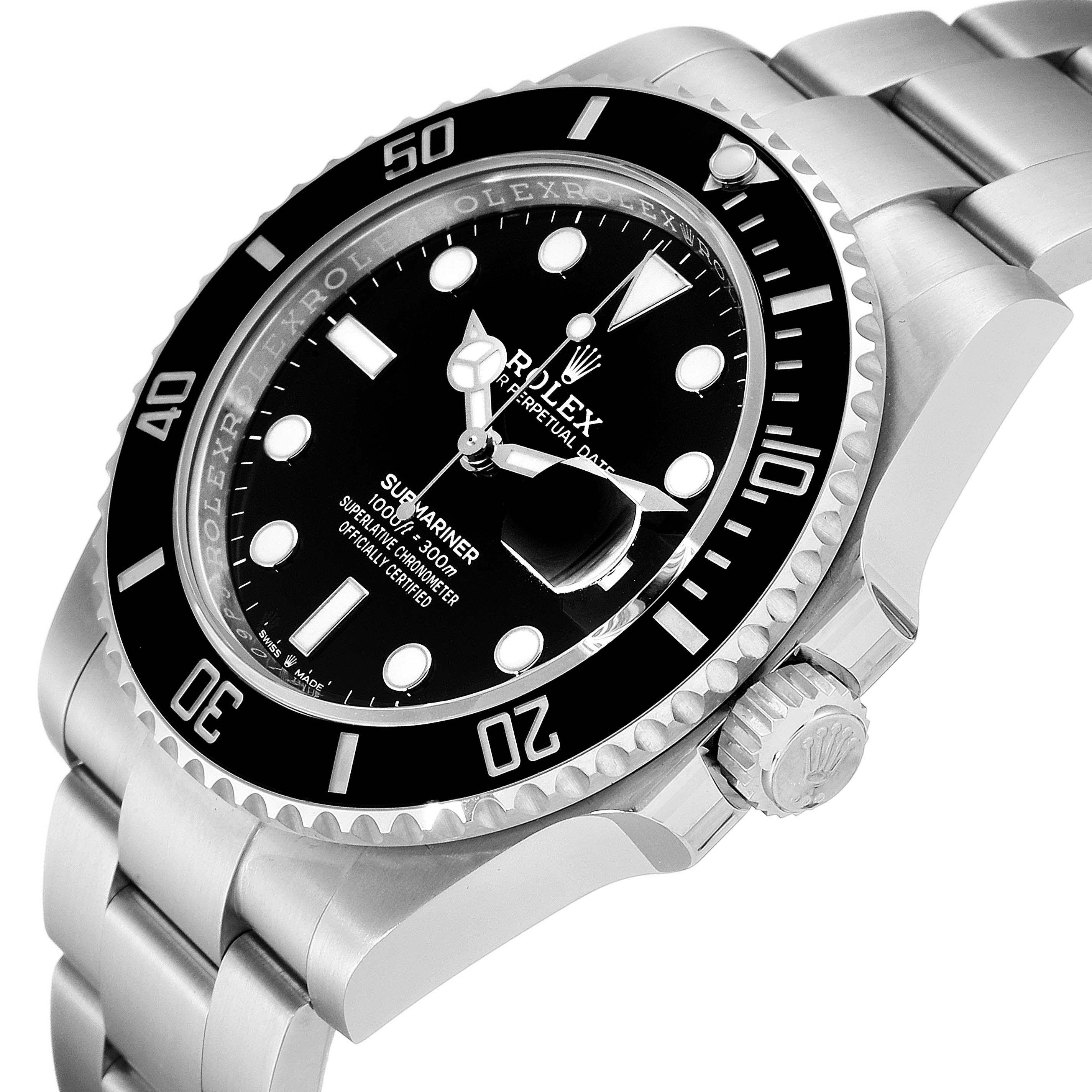 The image shows a Rolex Submariner 126610LN Men's Stainless Steel Black Dial 126610LN Men's Stainless Steel Black Dial watch at an angle emphasizing the face, bezel, crown, and a section of the bracelet.