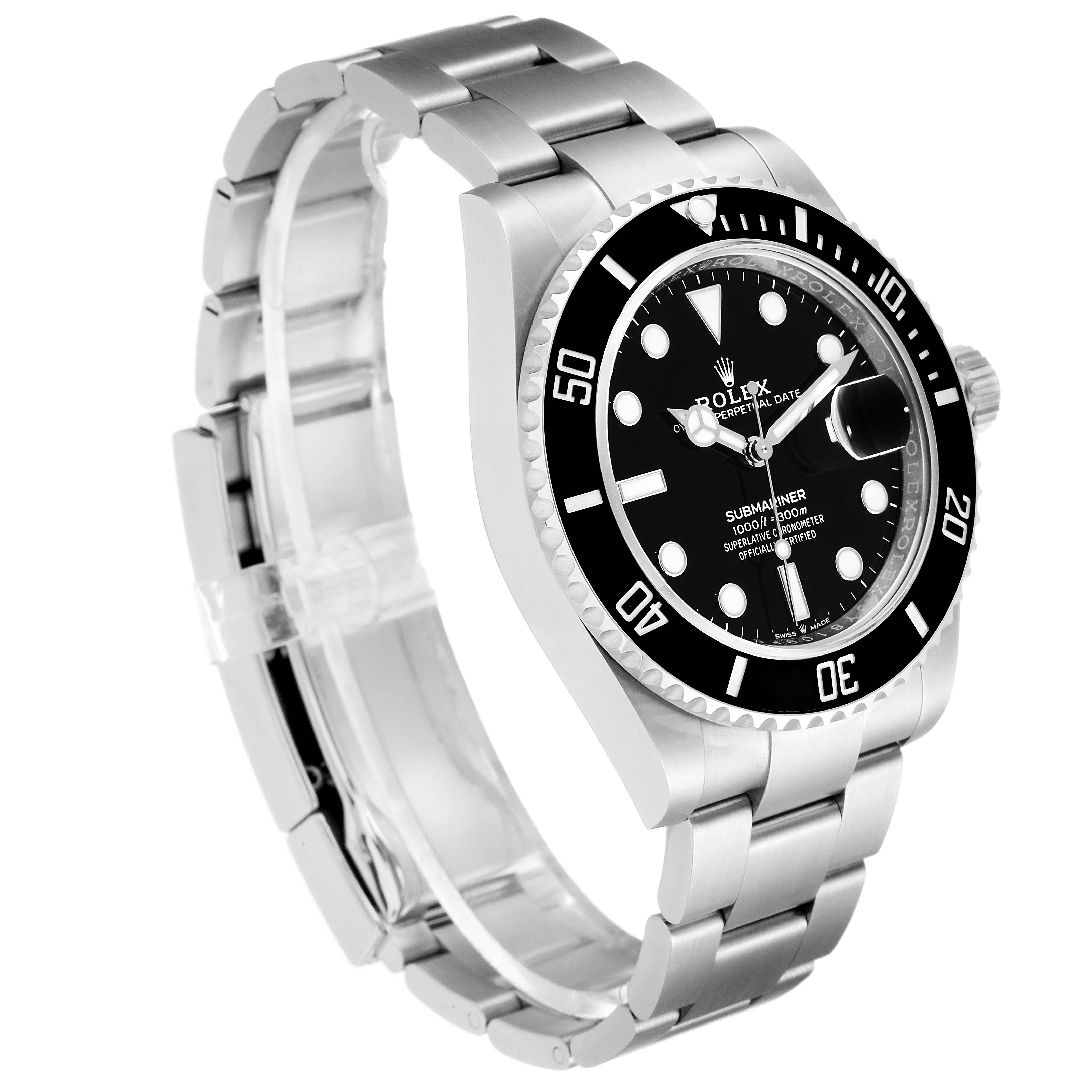 The image shows a side and front angle of a Rolex Submariner 126610LN Men's Stainless Steel Black Dial 126610LN Men's Stainless Steel Black Dial watch, highlighting the dial, bezel, case, and bracelet.
