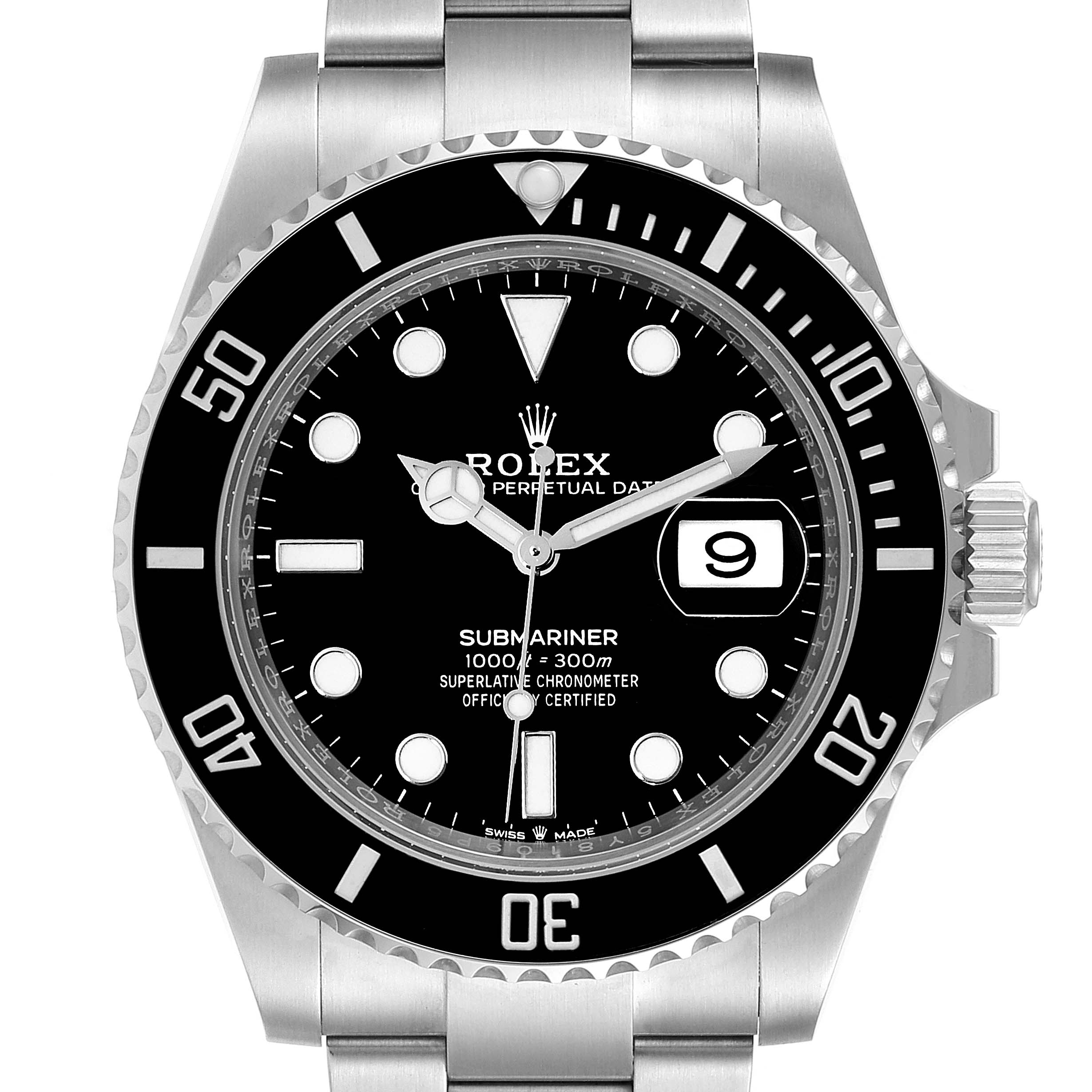 The image shows a front angle of a Rolex Submariner 126610LN Men's Stainless Steel Black Dial 126610LN Men's Stainless Steel Black Dial watch focusing on the dial, bezel, and part of the bracelet.