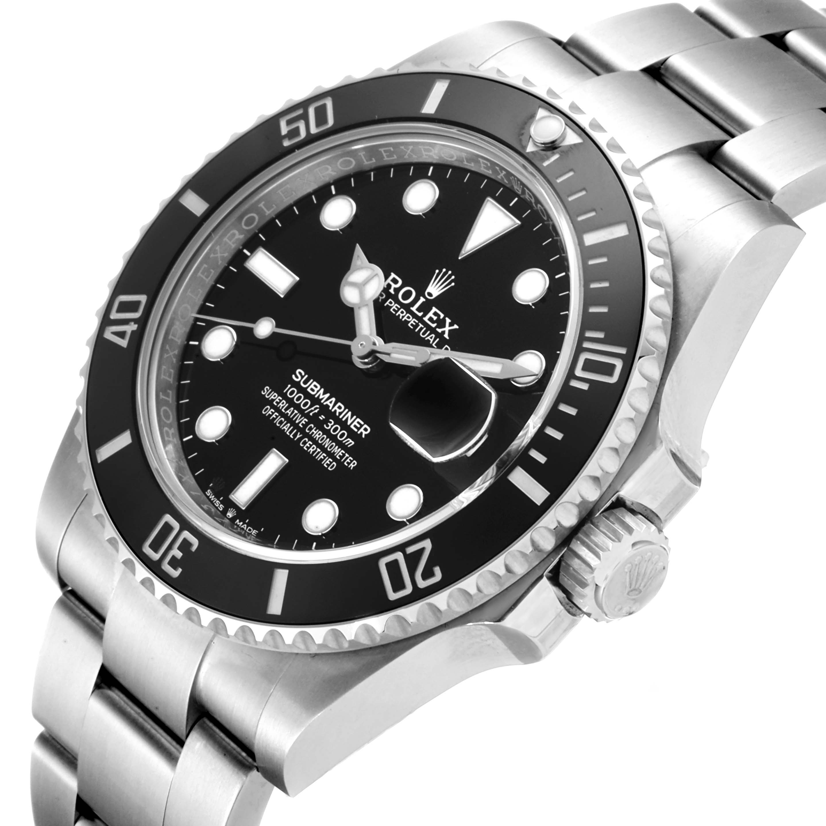 The image shows a Rolex Submariner 126610LN Men's Stainless Steel Black Dial 126610LN Men's Stainless Steel Black Dial watch from an angled perspective, highlighting the bezel, dial, hands, bracelet, and crown.