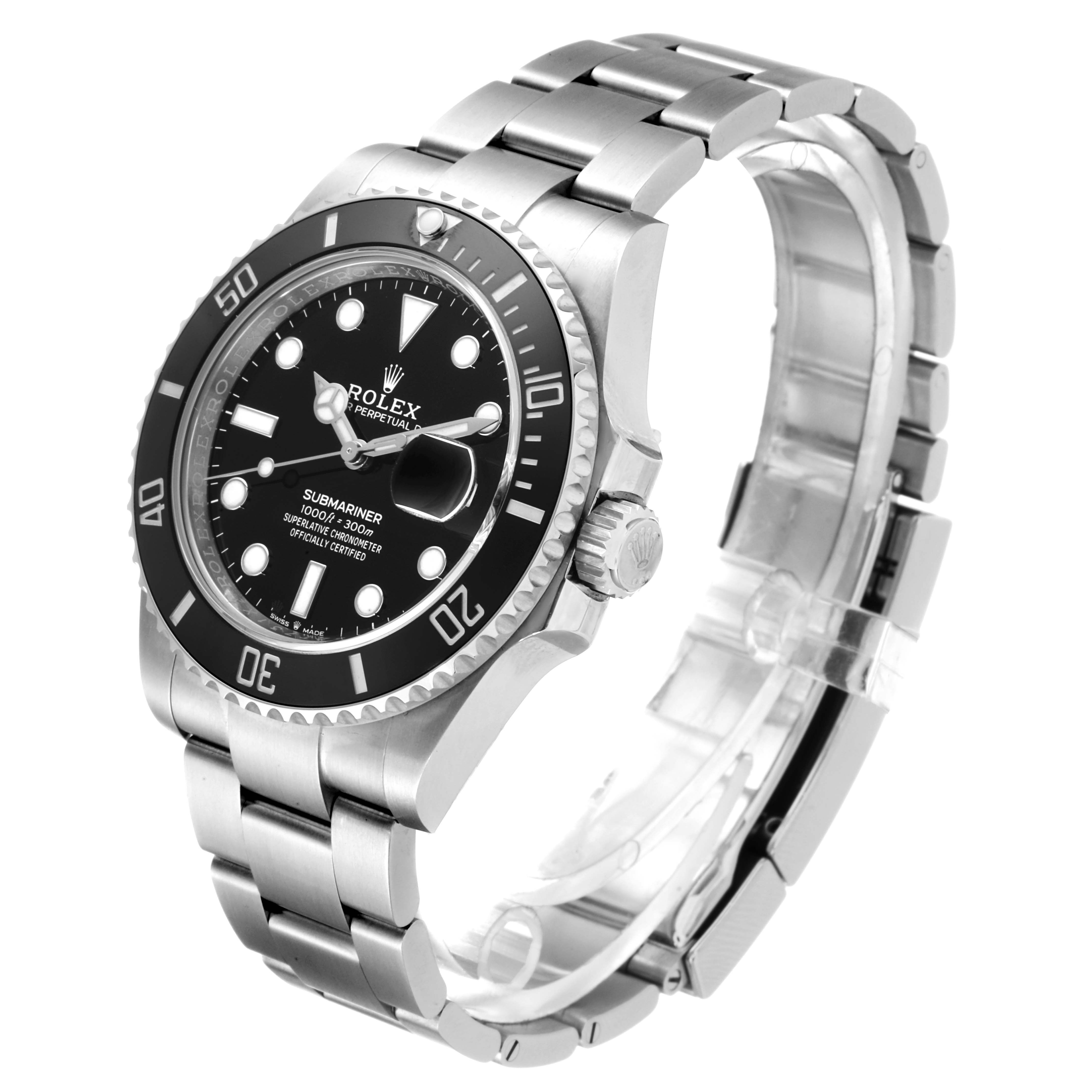 The image shows a Rolex Submariner 126610LN Men's Stainless Steel Black Dial 126610LN Men's Stainless Steel Black Dial watch at a side angle, displaying its face, bezel, crown, and stainless steel bracelet.