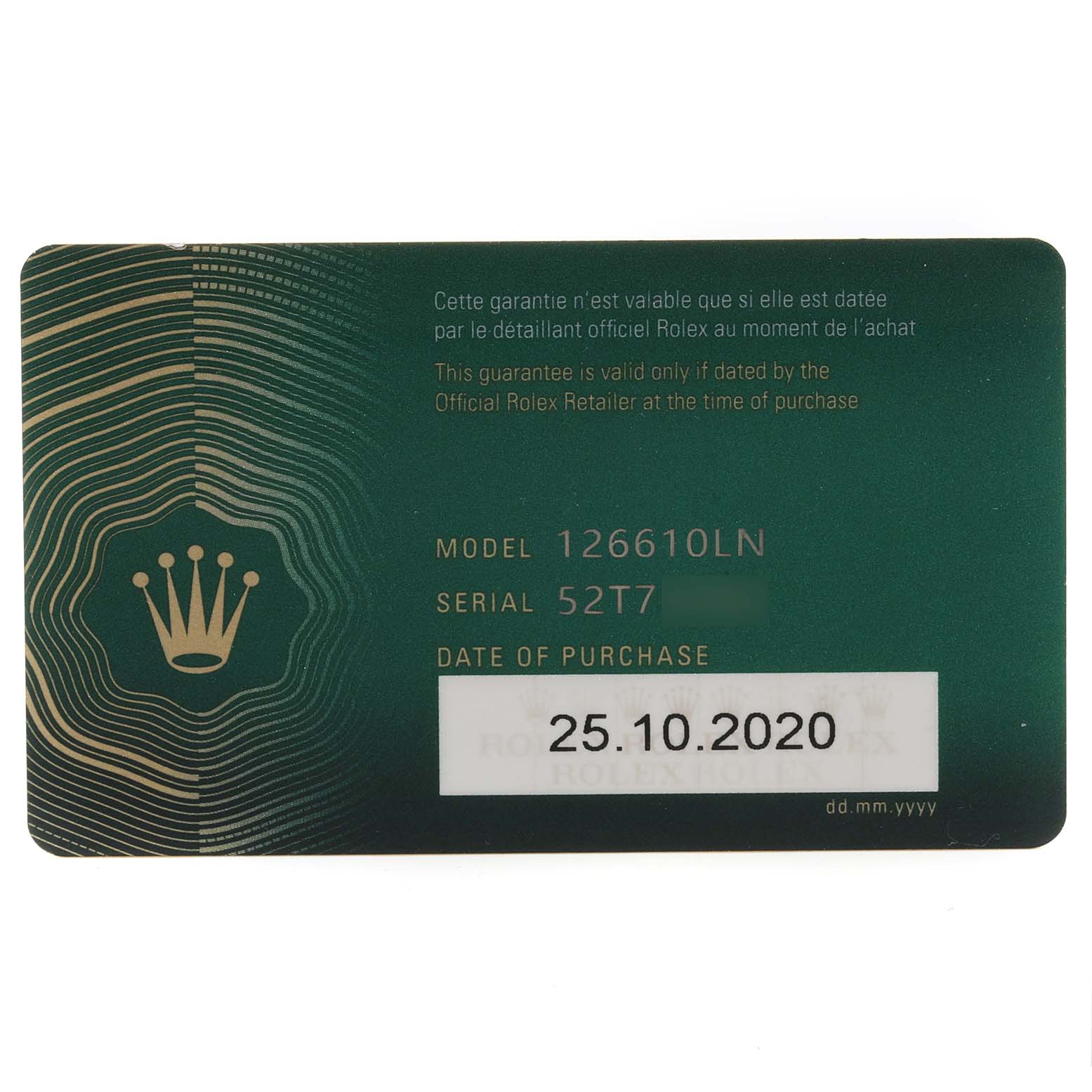 The image shows a warranty card for the Rolex Submariner 126610LN Men's Stainless Steel Black Dial 126610LN Men's Stainless Steel Black Dial model 126610LN, including the serial number and date of purchase.