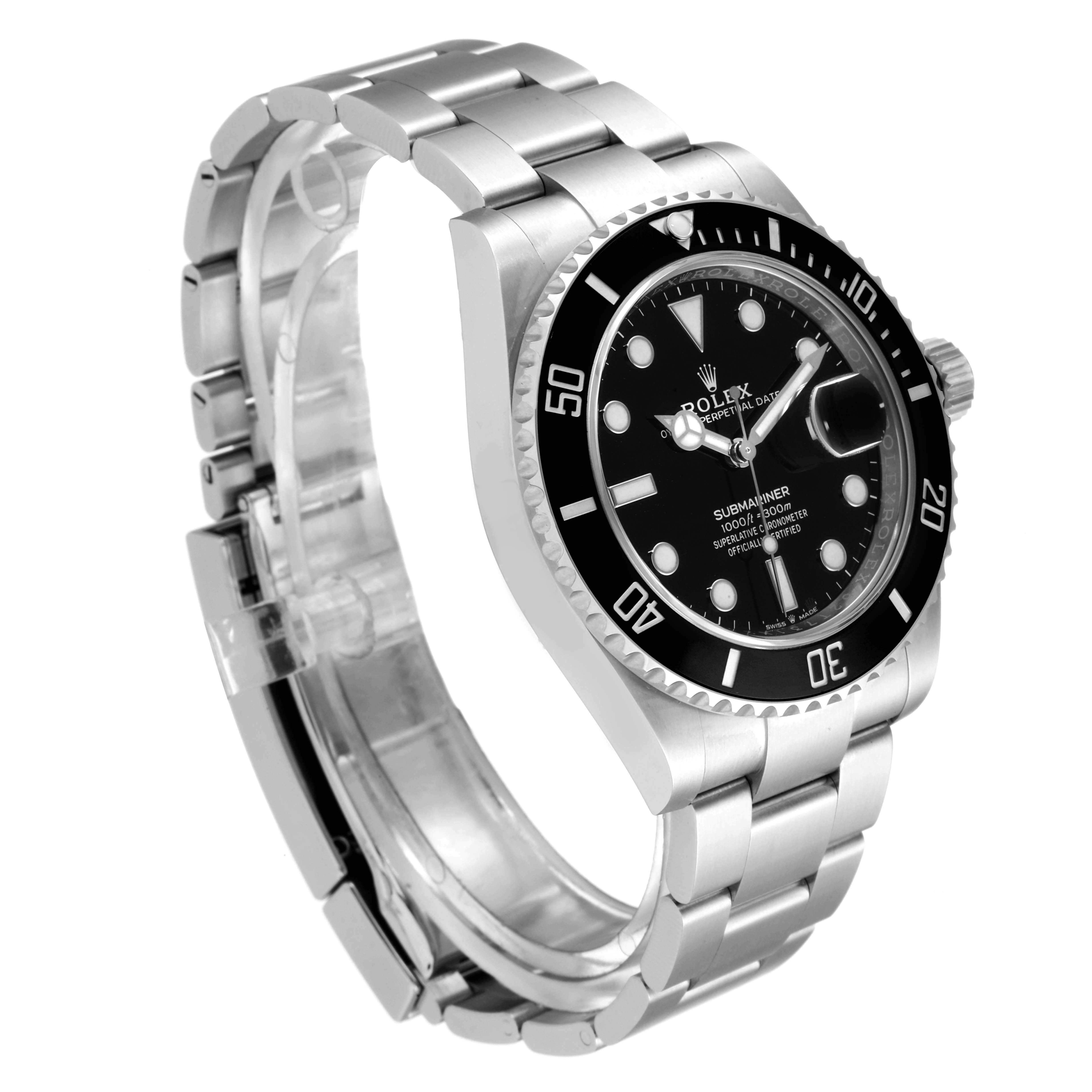 This image shows a Rolex Submariner 126610LN Men's Stainless Steel Black Dial 126610LN Men's Stainless Steel Black Dial watch at an angled side view, displaying the bezel, dial, and bracelet.