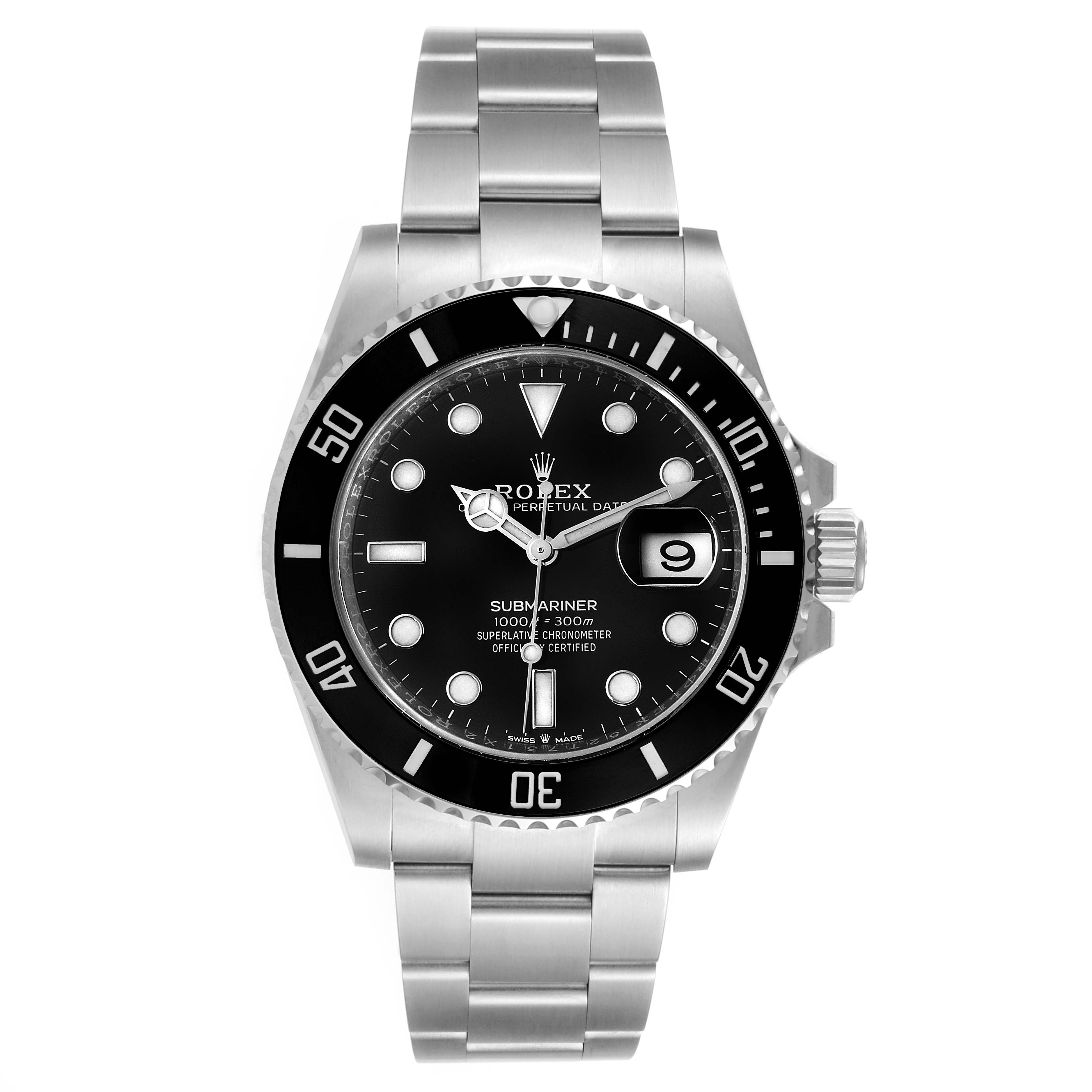 The image shows a front view of a Rolex Submariner 126610LN Men's Stainless Steel Black Dial 126610LN Men's Stainless Steel Black Dial watch, highlighting its black dial, bezel, and stainless steel bracelet.