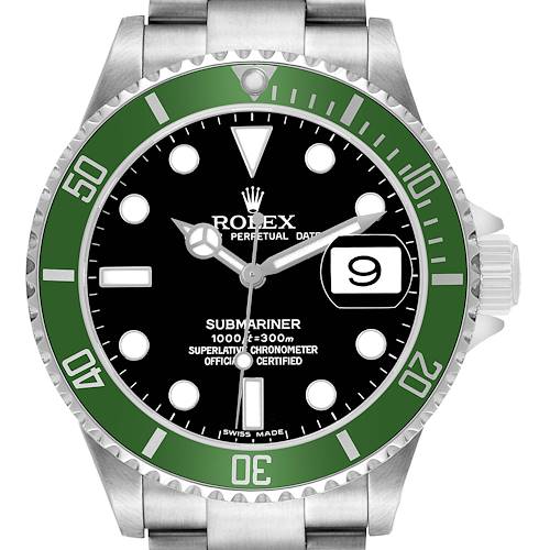 The Rolex Submariner 16610LV Men's Stainless Steel Black Dial watch is shown from the front, featuring its green bezel, black dial, and metal bracelet.