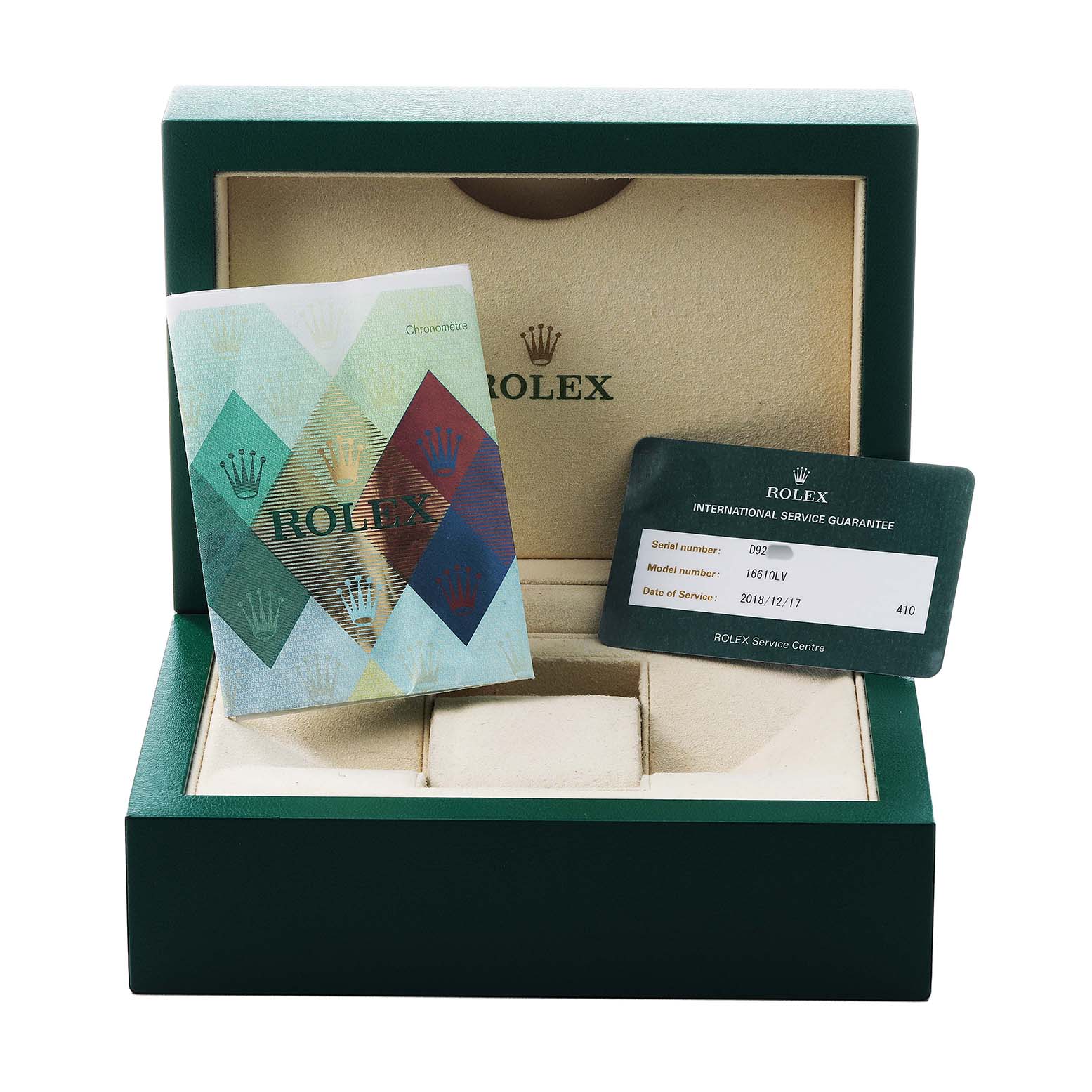 The image shows the packaging and accessories for a Rolex Submariner 16610LV Men's Stainless Steel Black Dial, including the box, booklet, and service card.