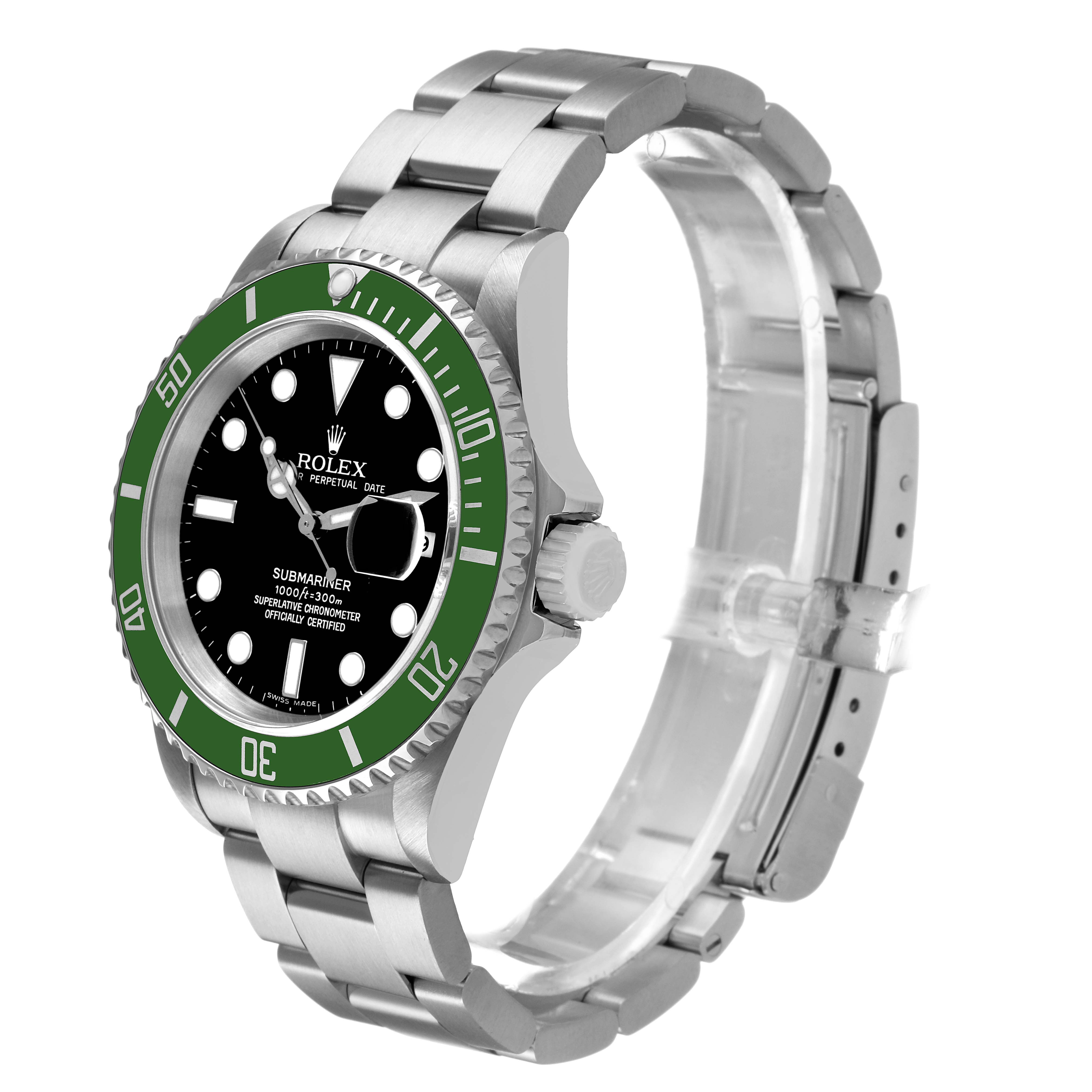 The Rolex Submariner 16610LV Men's Stainless Steel Black Dial watch is shown at a side angle, displaying its bracelet, bezel, and dial.