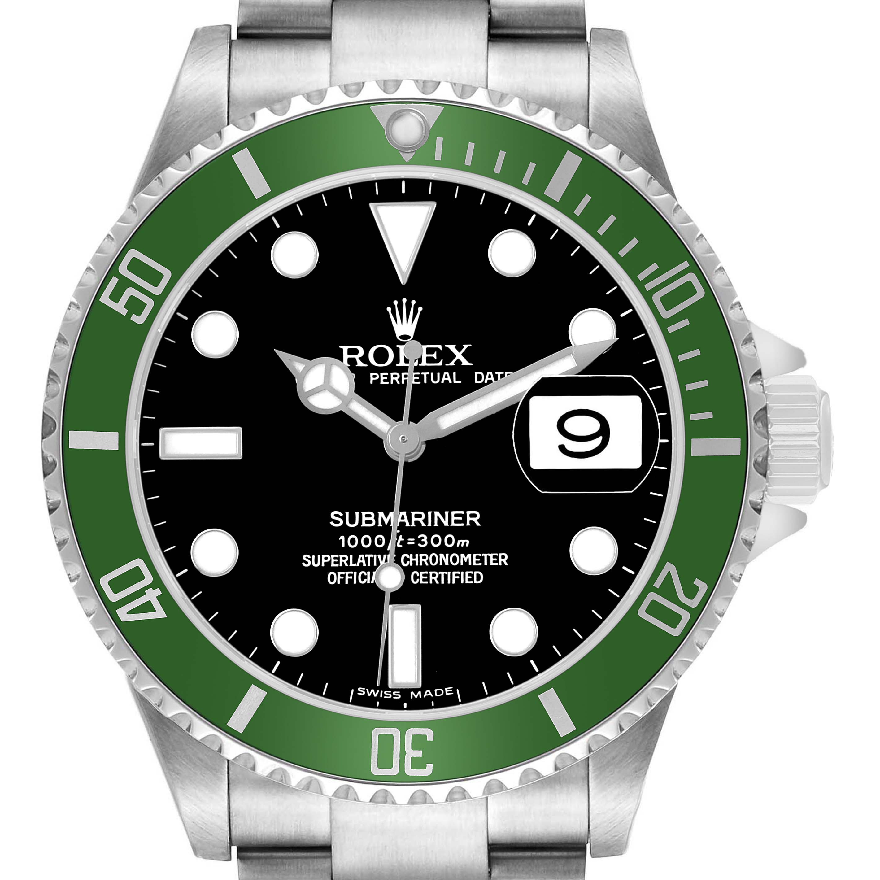 The Rolex Submariner 16610LV Men's Stainless Steel Black Dial is shown from the front, displaying the dial, bezel, and part of the bracelet.