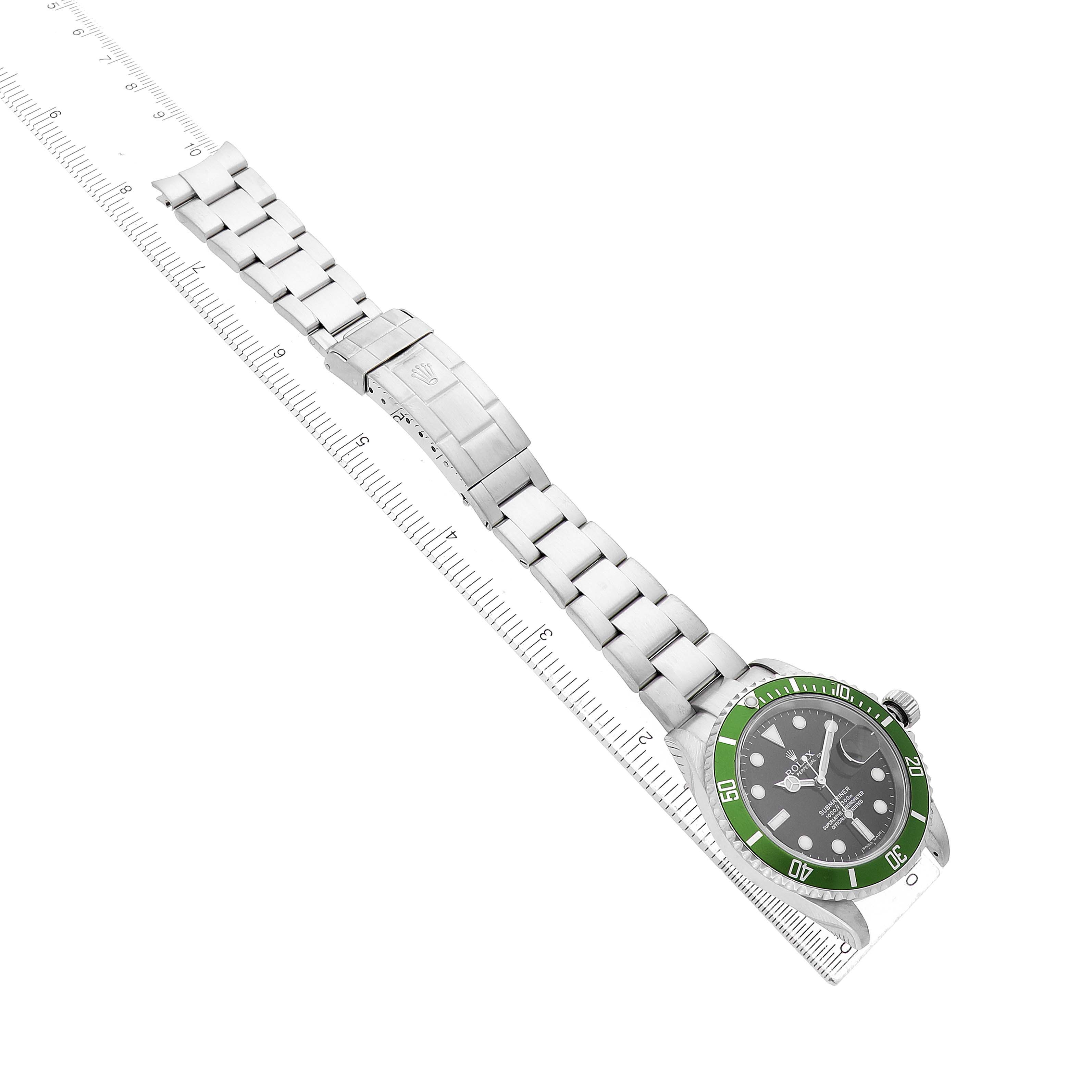 The Rolex Submariner 16610LV Men's Stainless Steel Black Dial watch is shown from a diagonal top view, displaying the bracelet, clasp, and watch face with a green bezel.