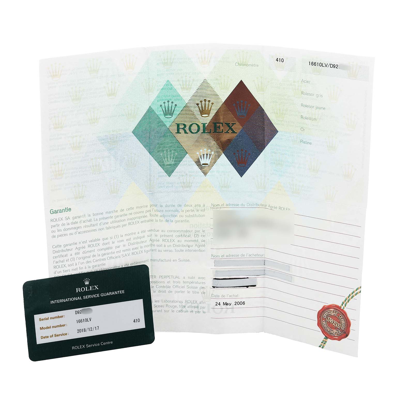 The image shows the warranty card and guarantee papers for a Rolex Submariner 16610LV Men's Stainless Steel Black Dial.