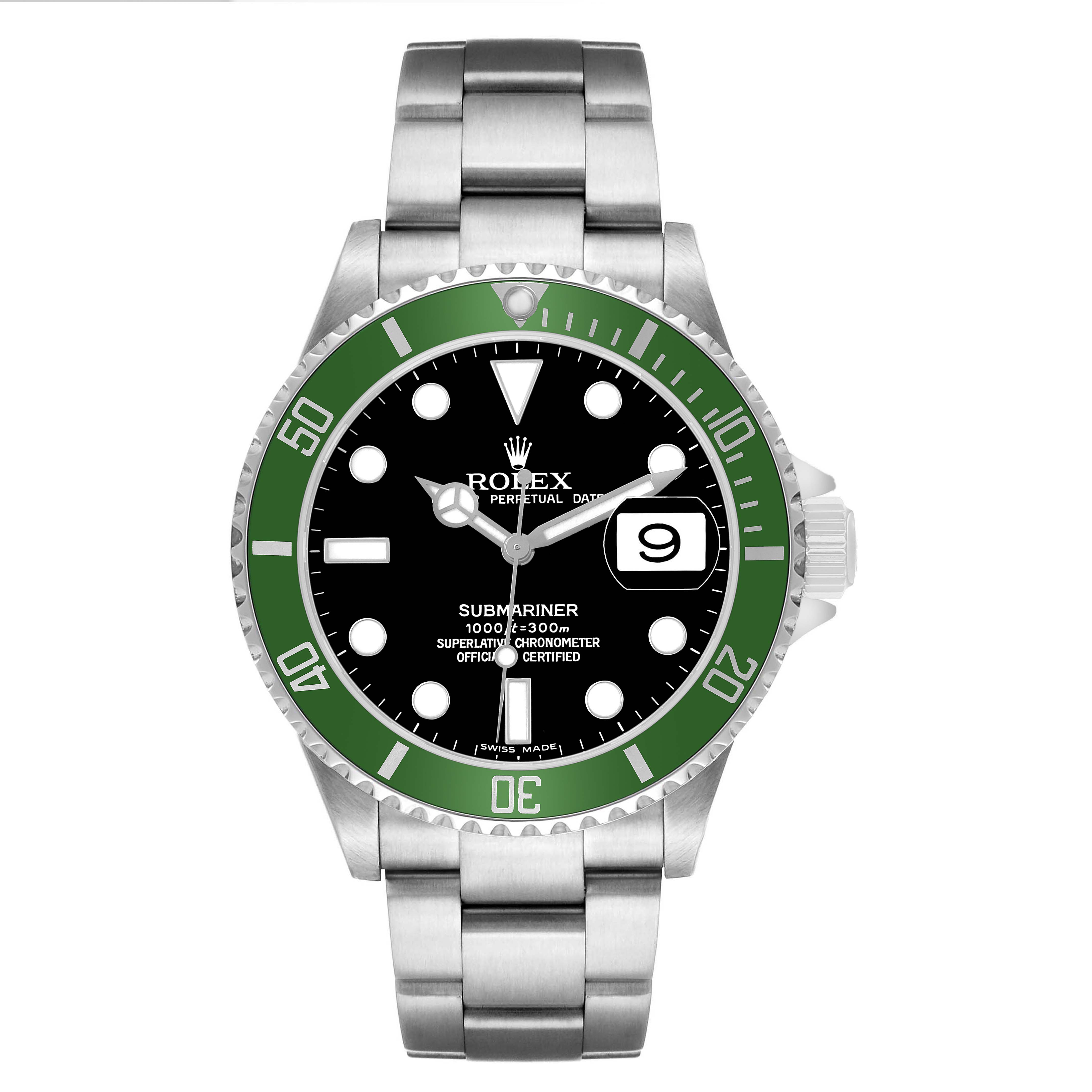 The Rolex Submariner 16610LV Men's Stainless Steel Black Dial is shown from a front angle, highlighting the bezel, dial, bracelet, and crown.