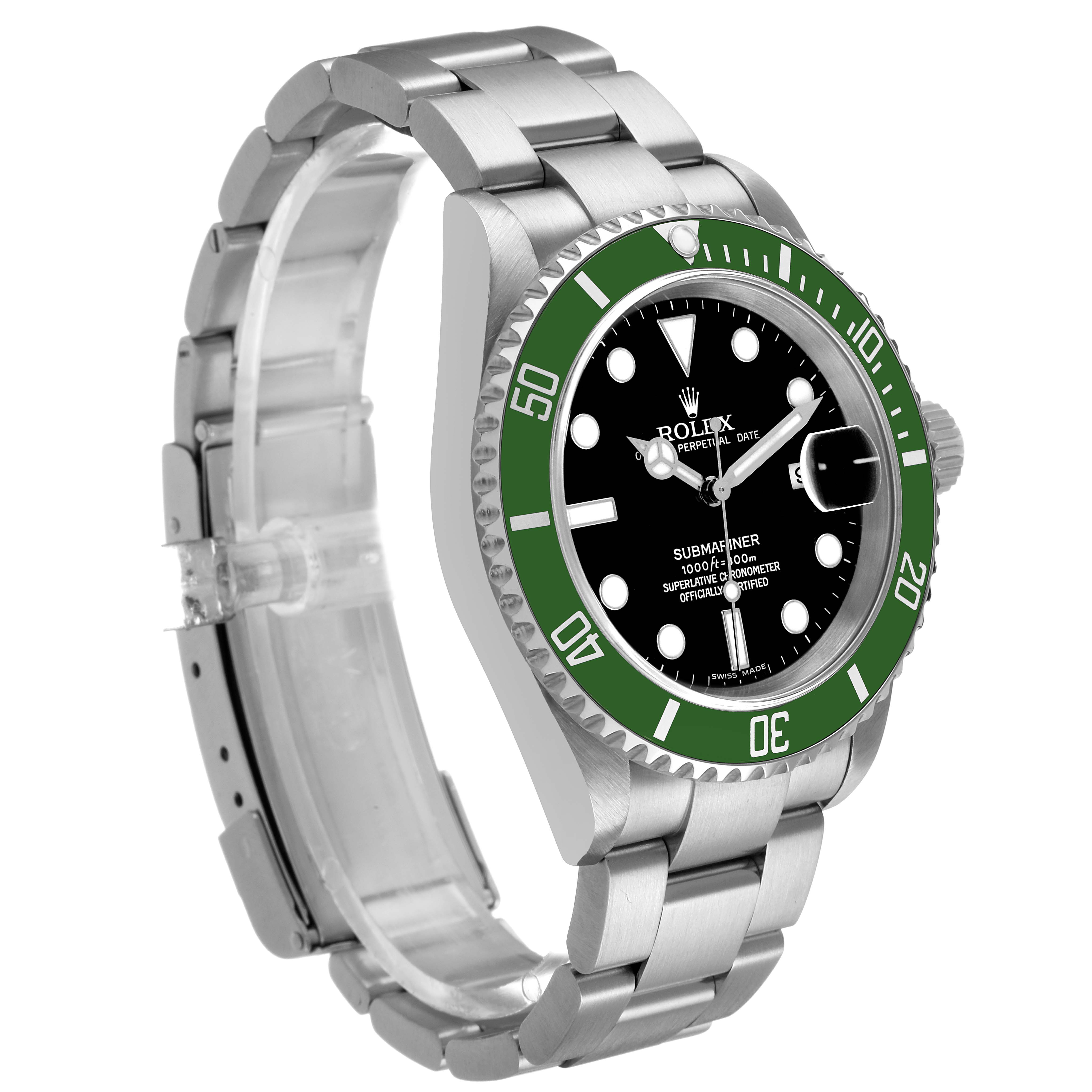 The Rolex Submariner 16610LV Men's Stainless Steel Black Dial watch is shown at a three-quarter angle, displaying the bezel, dial, and bracelet.