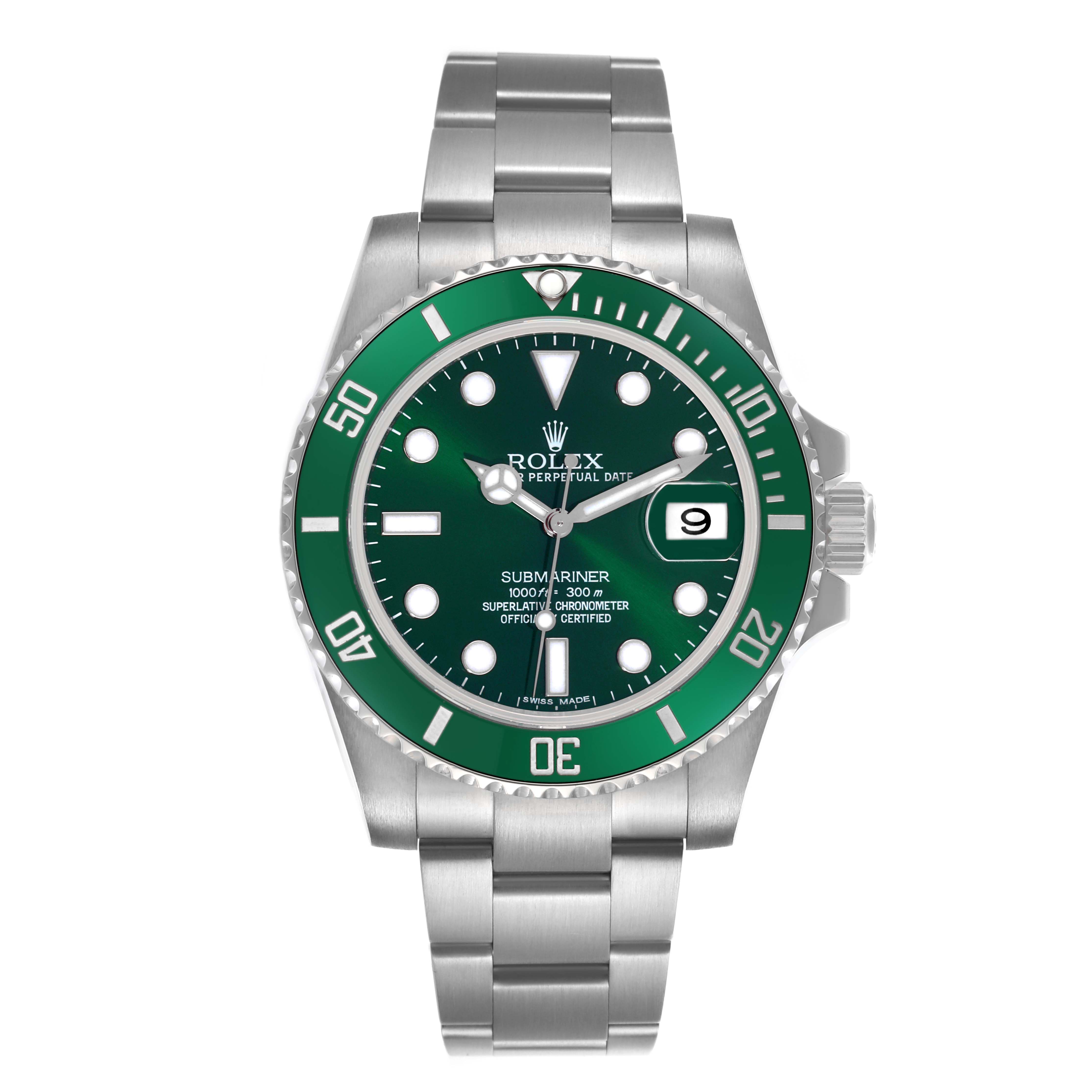 The Rolex Submariner 116610LV Men's Stainless Steel Green Dial 116610LV Men's Stainless Steel Green Dial watch is shown from the front, displaying its green bezel, dial, and stainless steel bracelet.