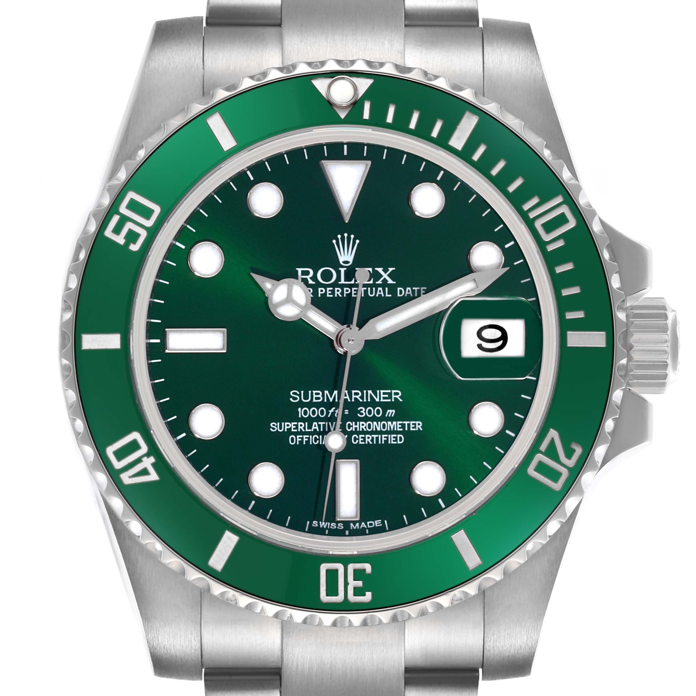The Rolex Submariner 116610LV Men's Stainless Steel Green Dial 116610LV Men's Stainless Steel Green Dial watch is shown from the front, displaying the dial, bezel, hands, bracelet, and date window prominently.