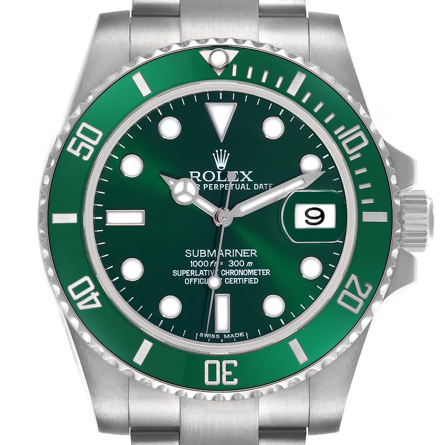 The Rolex Submariner watch is shown from the front, displaying the dial, bezel, hands, bracelet, and date window prominently.