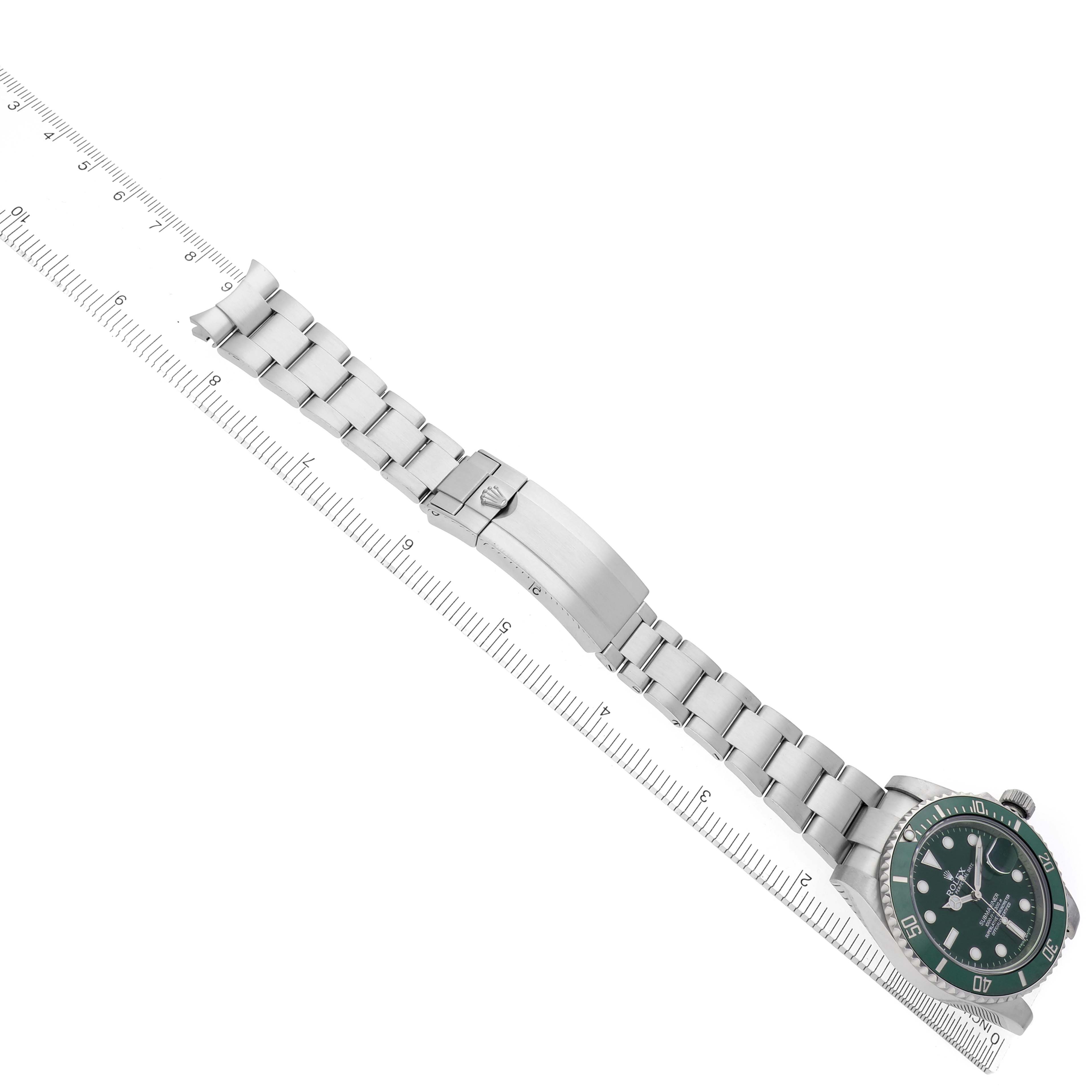 The image shows a side view of a Rolex Submariner 116610LV Men's Stainless Steel Green Dial 116610LV Men's Stainless Steel Green Dial watch with an extended metal bracelet and a clasp.