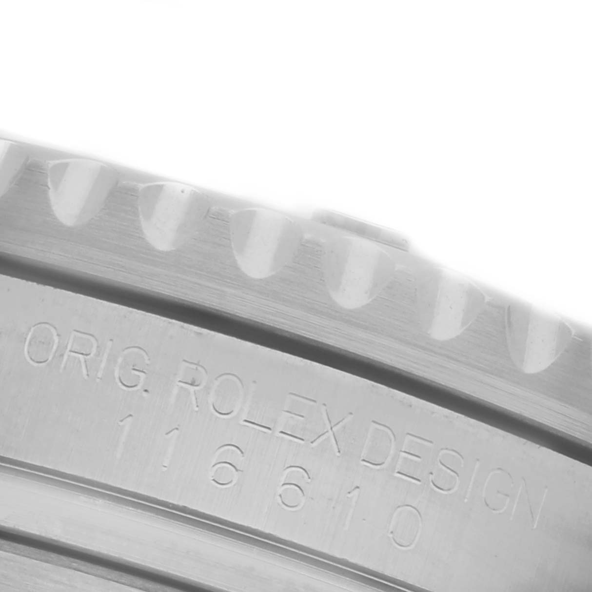 The image shows a close-up of the bezel's edge and engraved model number on a Rolex Submariner 116610LV Men's Stainless Steel Green Dial 116610LV Men's Stainless Steel Green Dial watch.