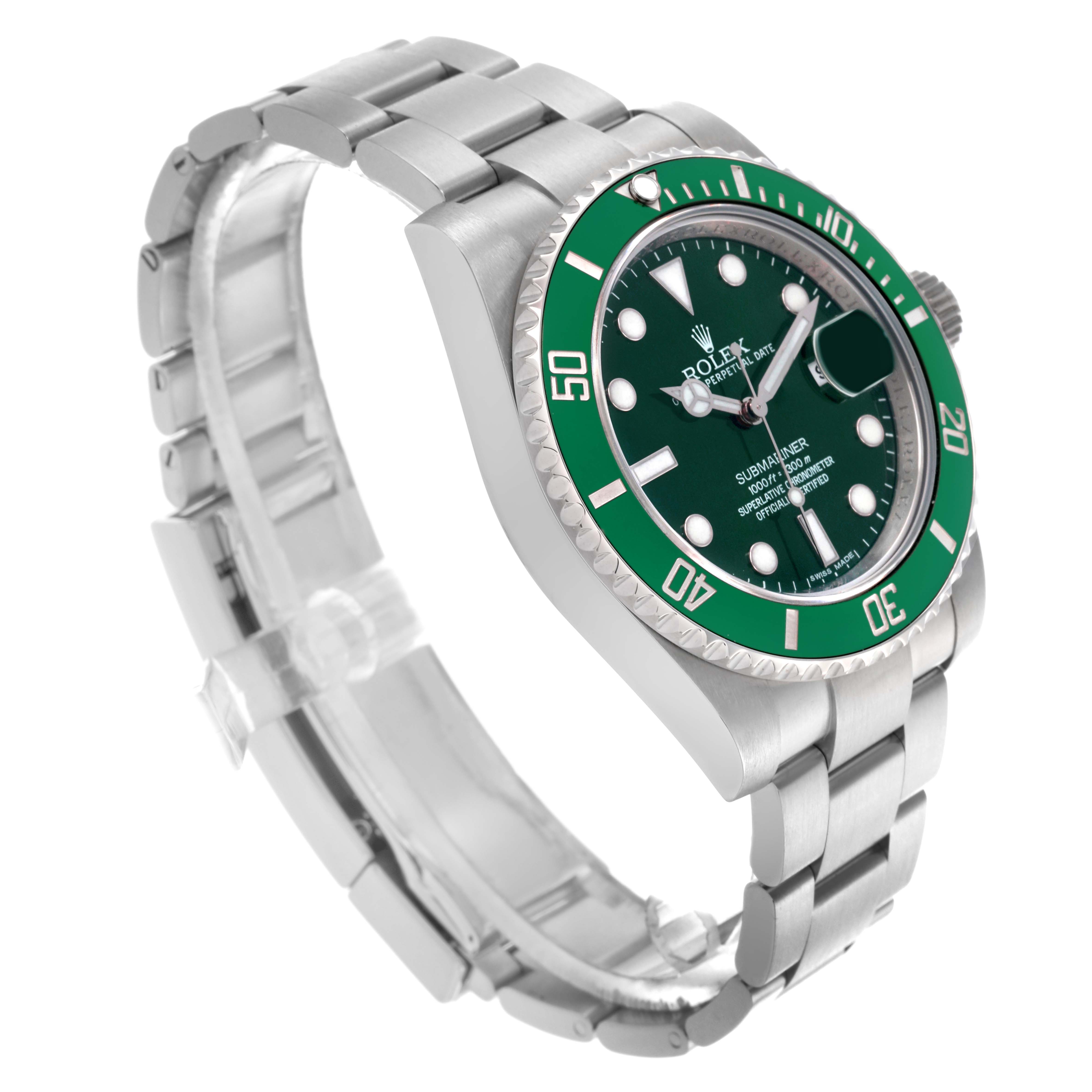 The Rolex Submariner 116610LV Men's Stainless Steel Green Dial 116610LV Men's Stainless Steel Green Dial watch is shown from a side angle, highlighting its oyster case, bezel, dial, and bracelet.