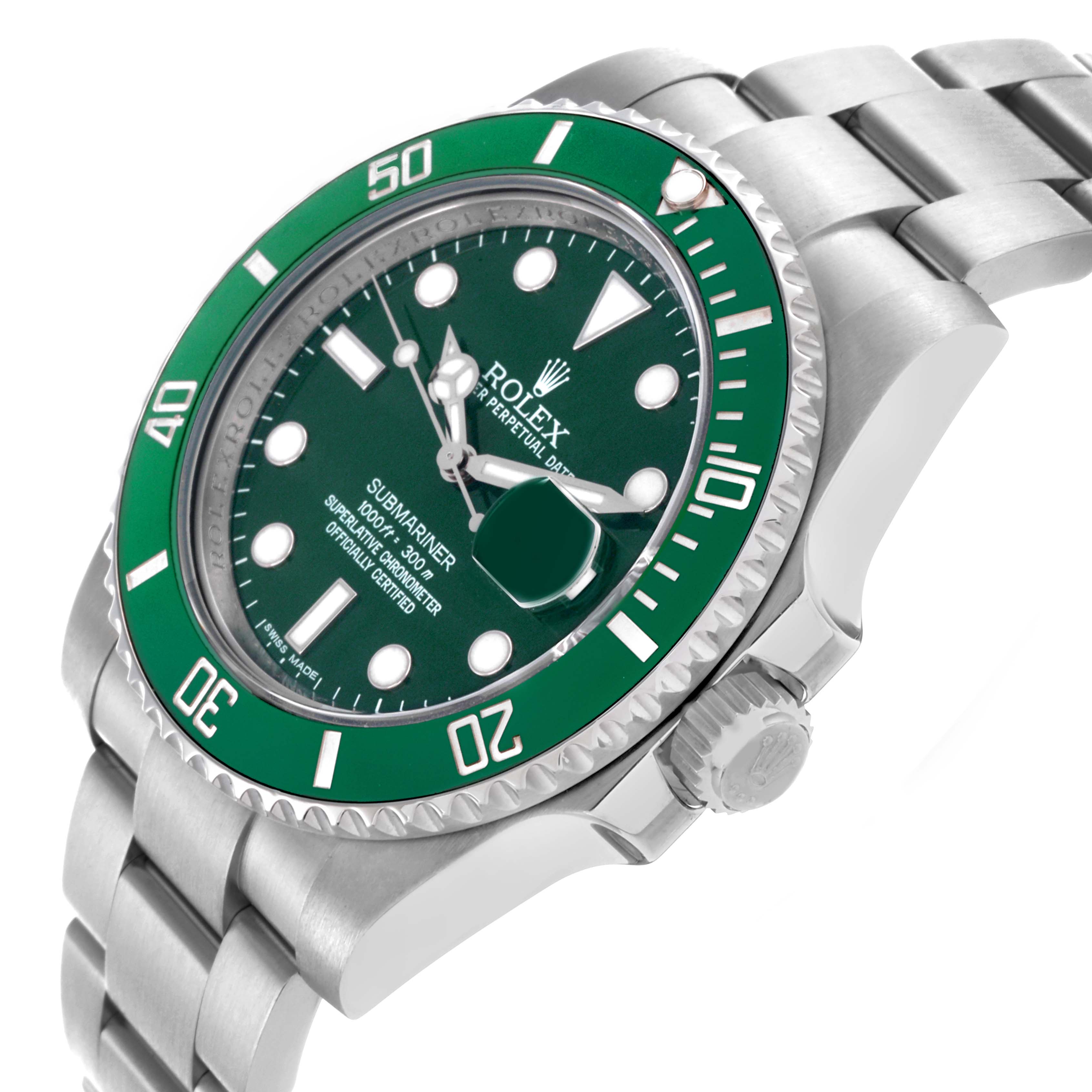 The Rolex Submariner 116610LV Men's Stainless Steel Green Dial 116610LV Men's Stainless Steel Green Dial is shown at an angled side view, highlighting the green bezel, dial, bracelet, and crown.