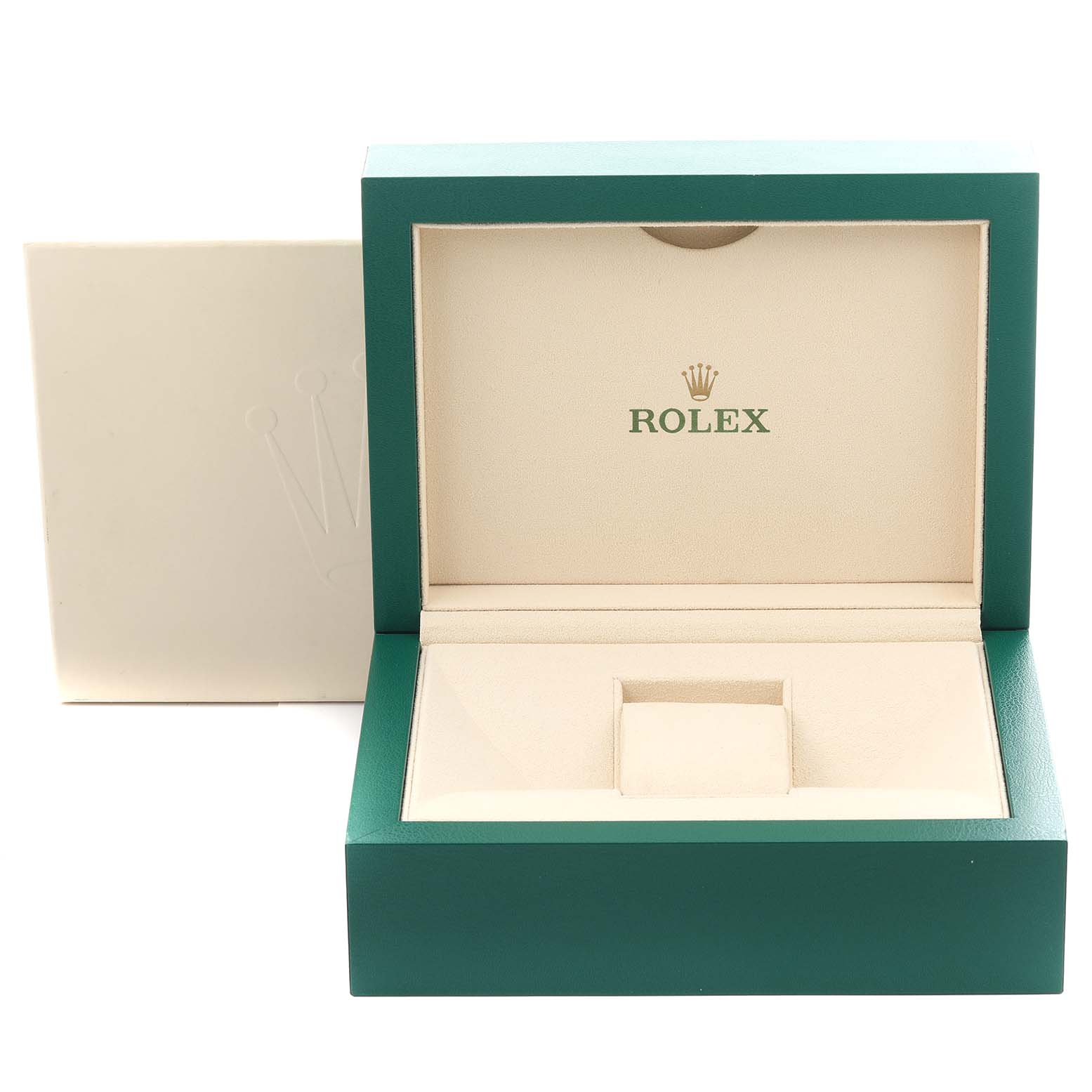 The image shows an open box for the Rolex Submariner 116610LV Men's Stainless Steel Green Dial 116610LV Men's Stainless Steel Green Dial, highlighting its green exterior and beige interior with a logo.