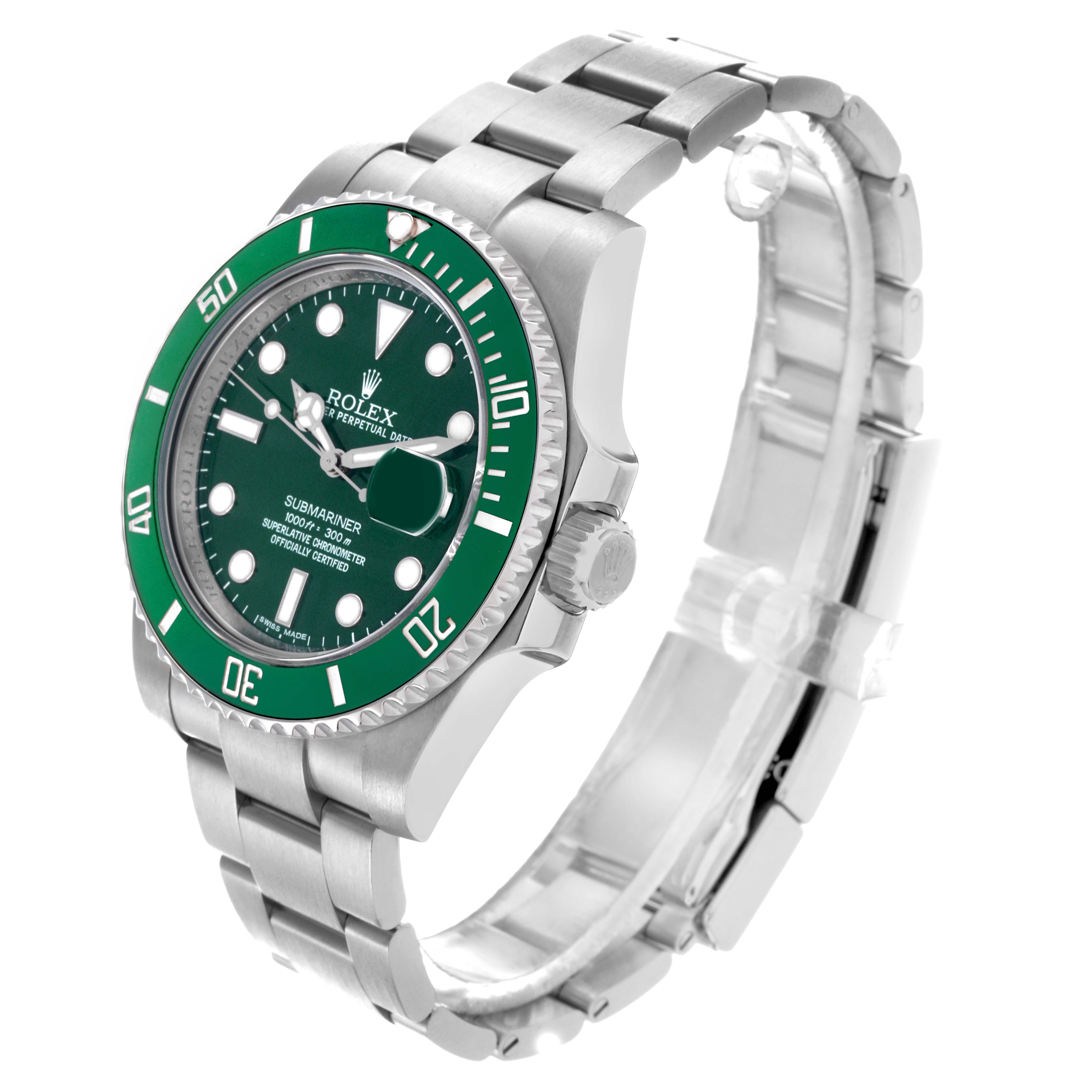 The Rolex Submariner 116610LV Men's Stainless Steel Green Dial 116610LV Men's Stainless Steel Green Dial is shown at a three-quarter angle, highlighting the green bezel, dial, and stainless steel bracelet.