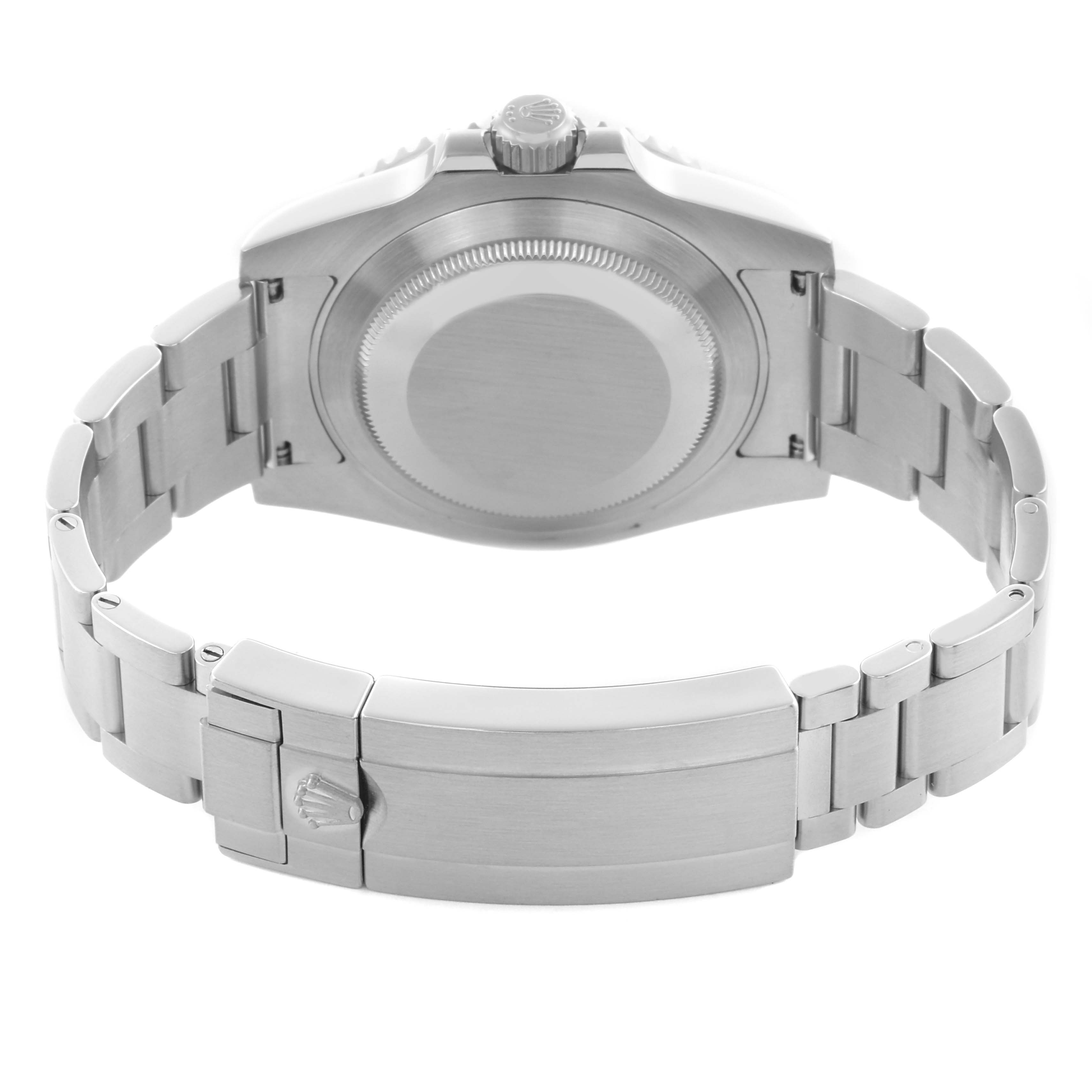 The image shows the back of a Rolex Submariner 116610LV Men's Stainless Steel Green Dial 116610LV Men's Stainless Steel Green Dial watch, displaying the case back, bracelet, and clasp.