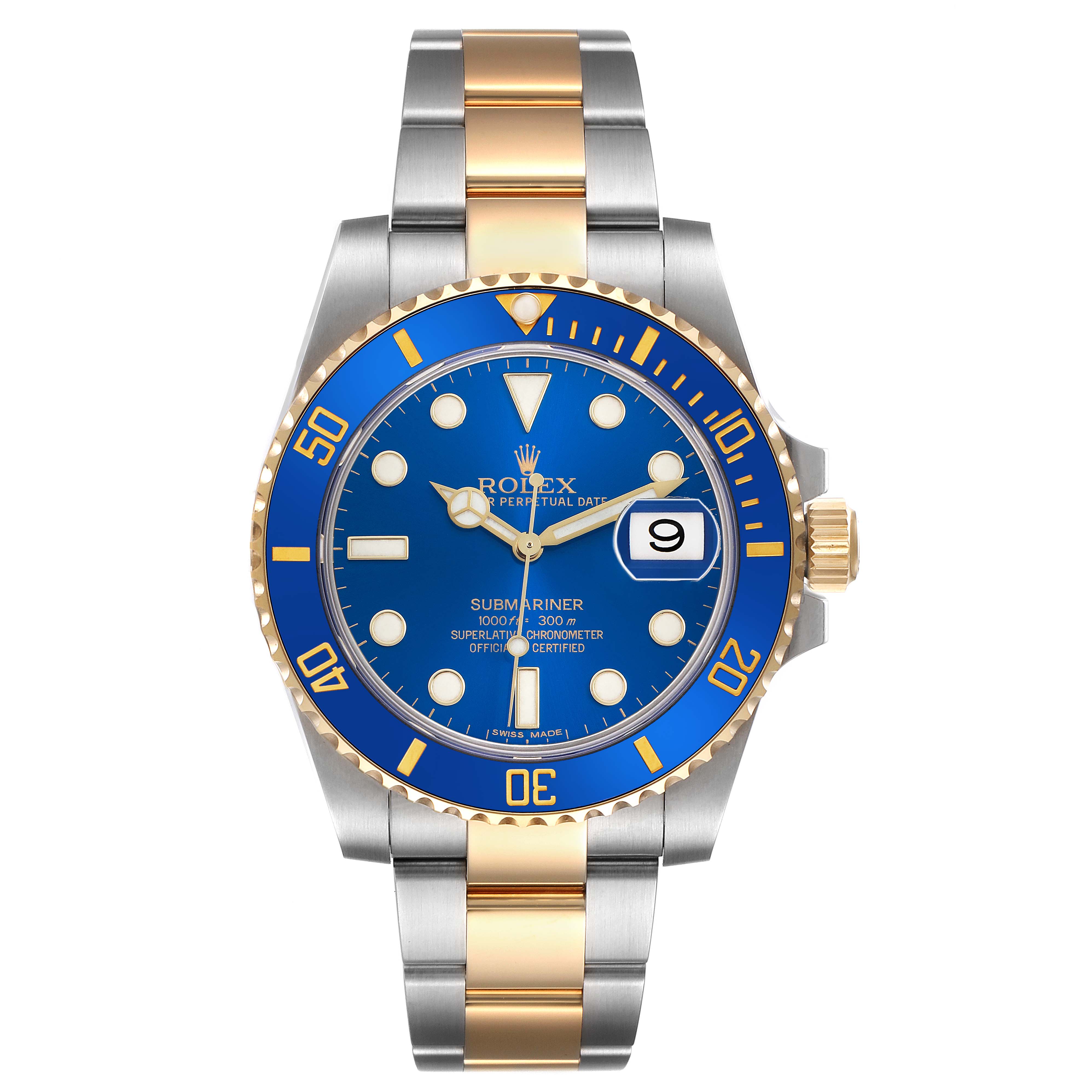 The Rolex Submariner 116613 Men's Steel and Gold (two tone) Blue Dial watch is shown from the front, displaying the dial, bezel, and bracelet.