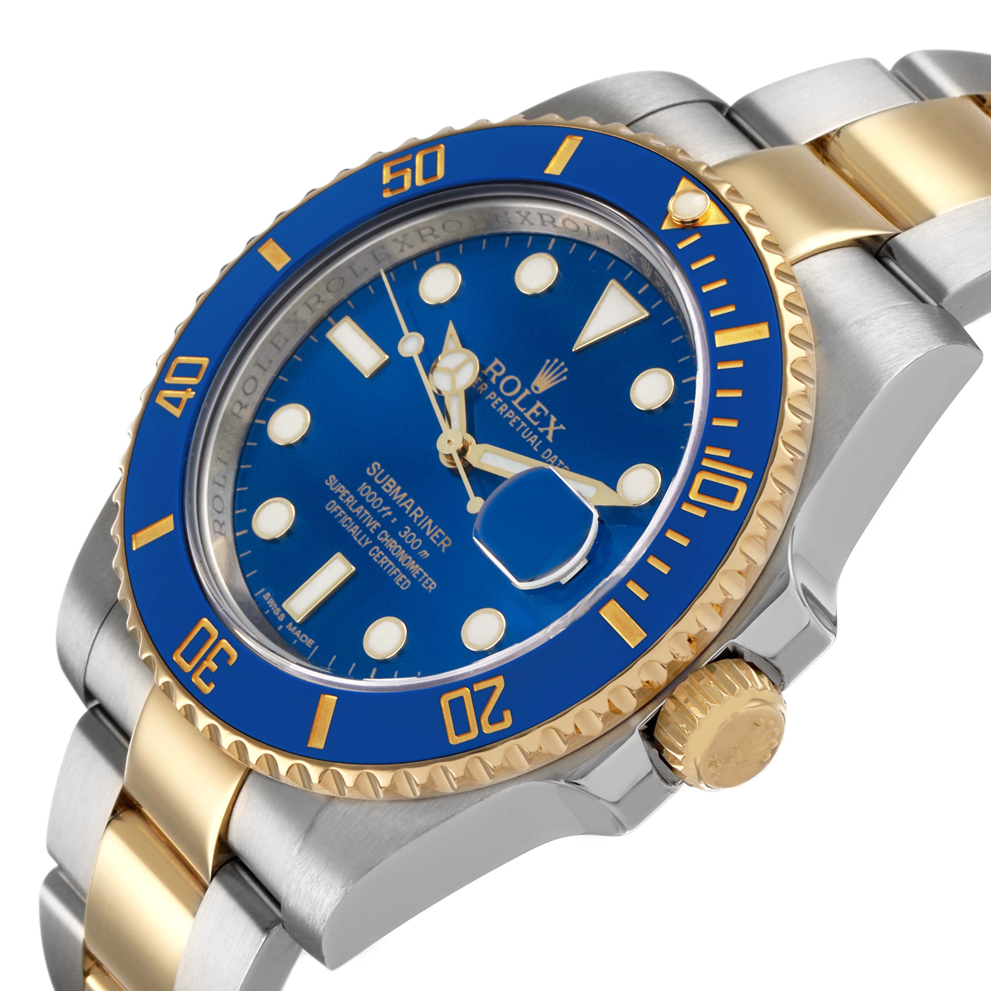 The Rolex Submariner 116613 Men's Steel and Gold (two tone) Blue Dial watch is shown at an angled side view, displaying the bezel, crown, face, and part of the bracelet.