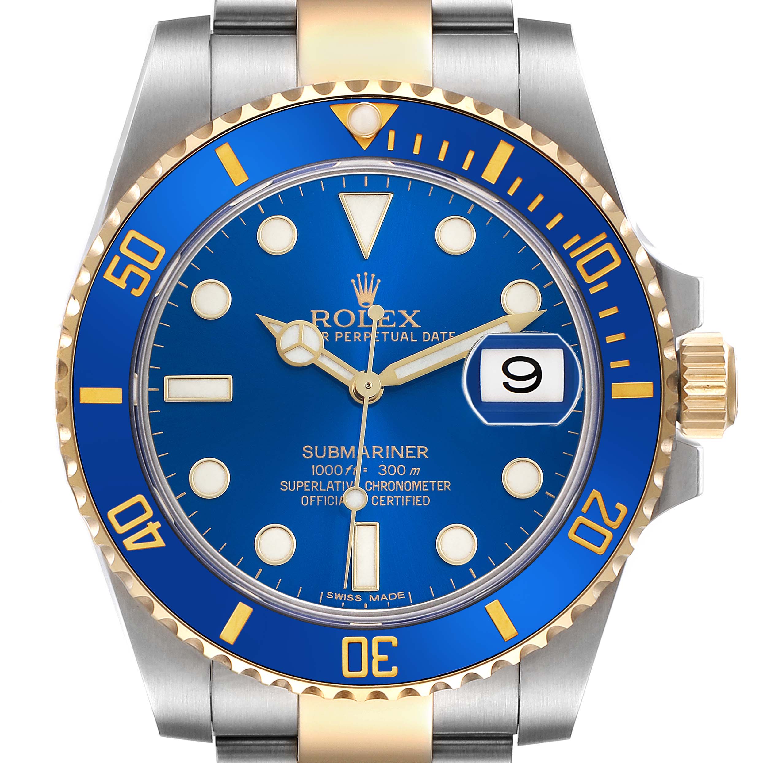 The Rolex Submariner 116613 Men's Steel and Gold (two tone) Blue Dial watch is shown from the front, highlighting its blue dial, yellow gold bezel, and date function.