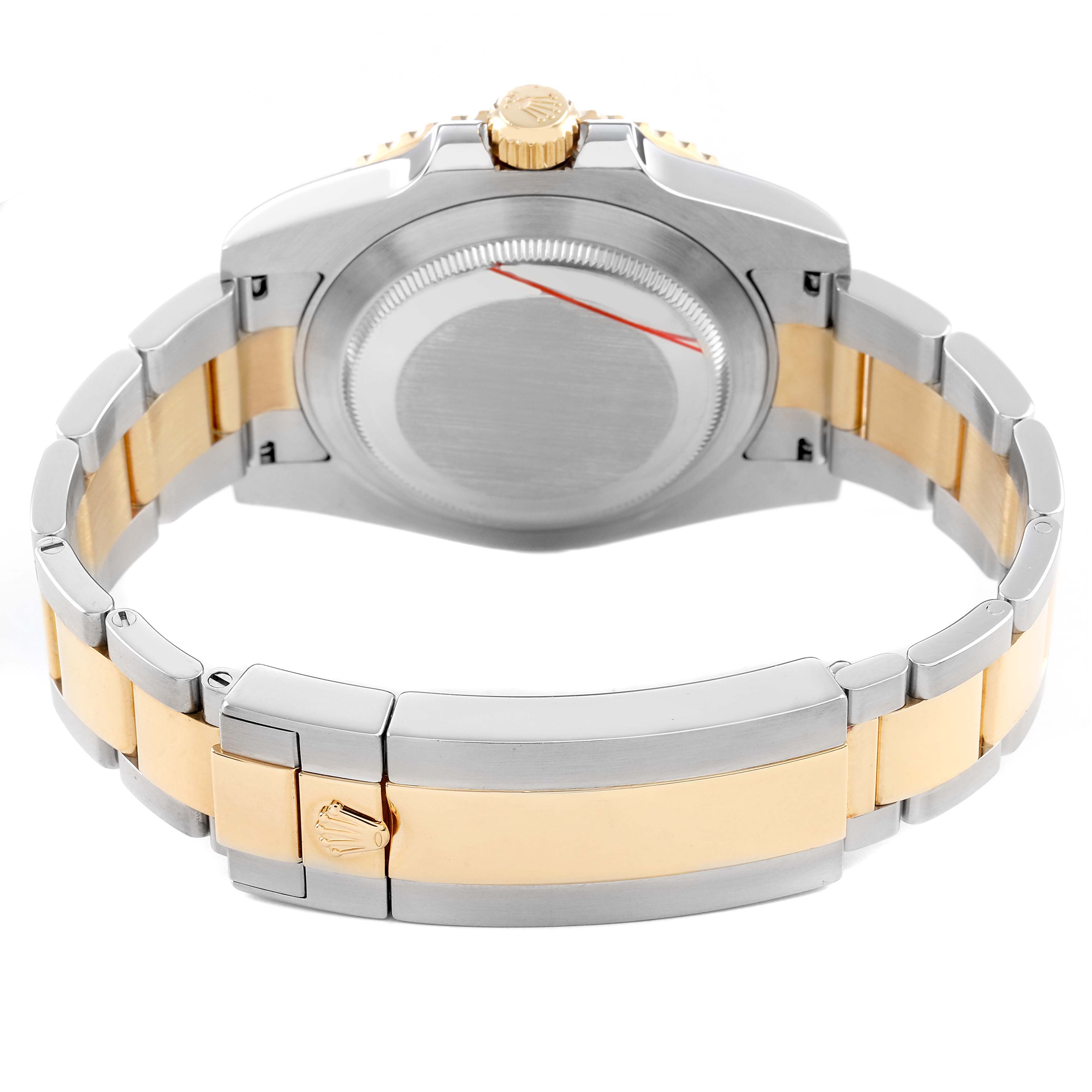 The image shows the back of a Rolex Submariner 116613 Men's Steel and Gold (two tone) Blue Dial, highlighting the clasp, bracelet, and case back.